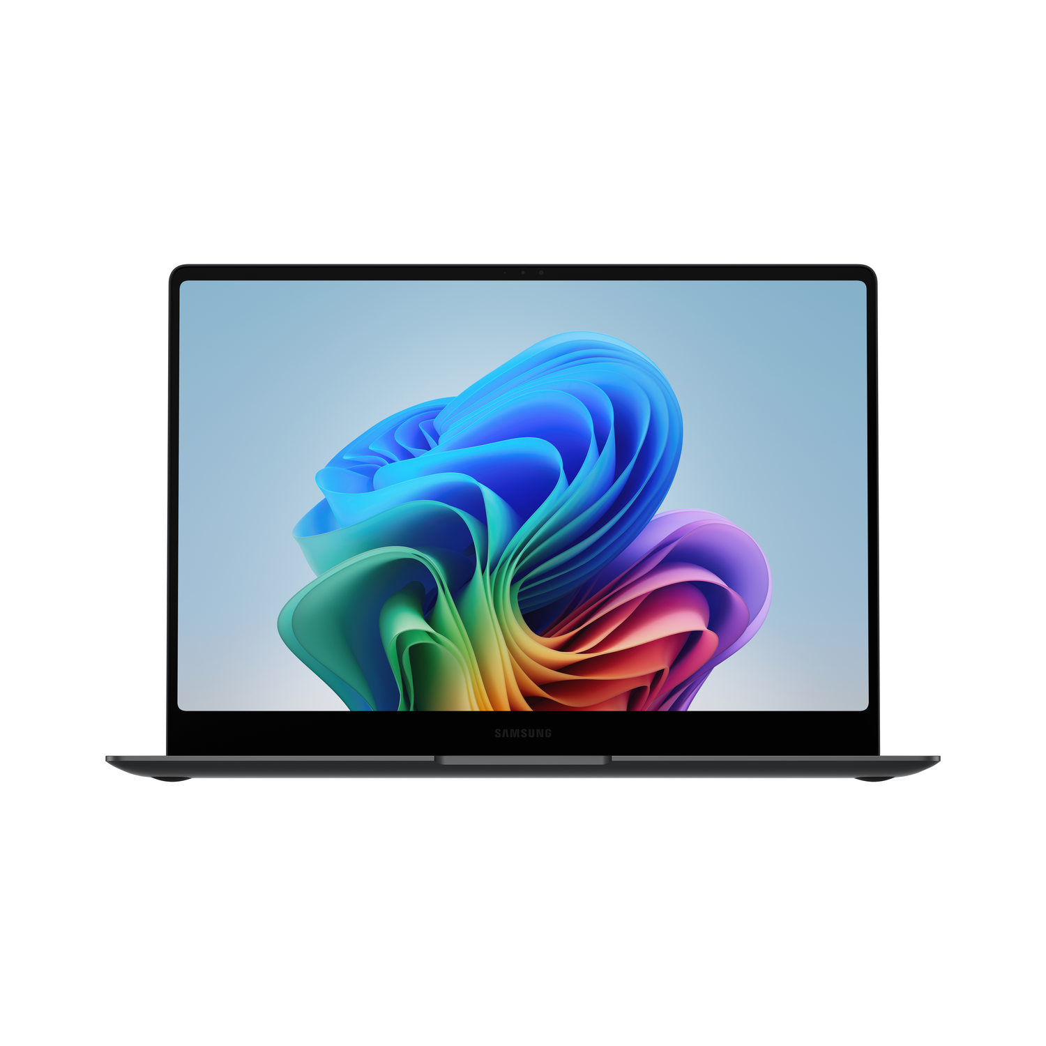 Laptop with a colorful abstract design on the screen. The laptop is black and has the 'SAMSUNG' logo on the bottom.