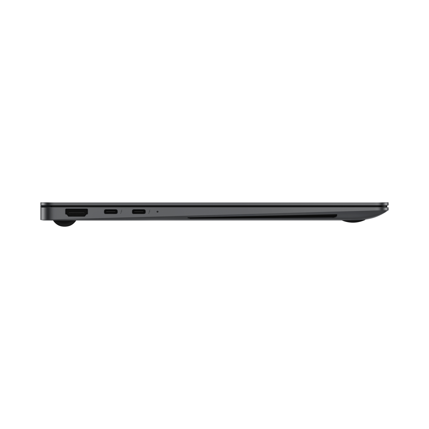 Side view of a gray laptop. Ports are visible on the side. The background is plain white.