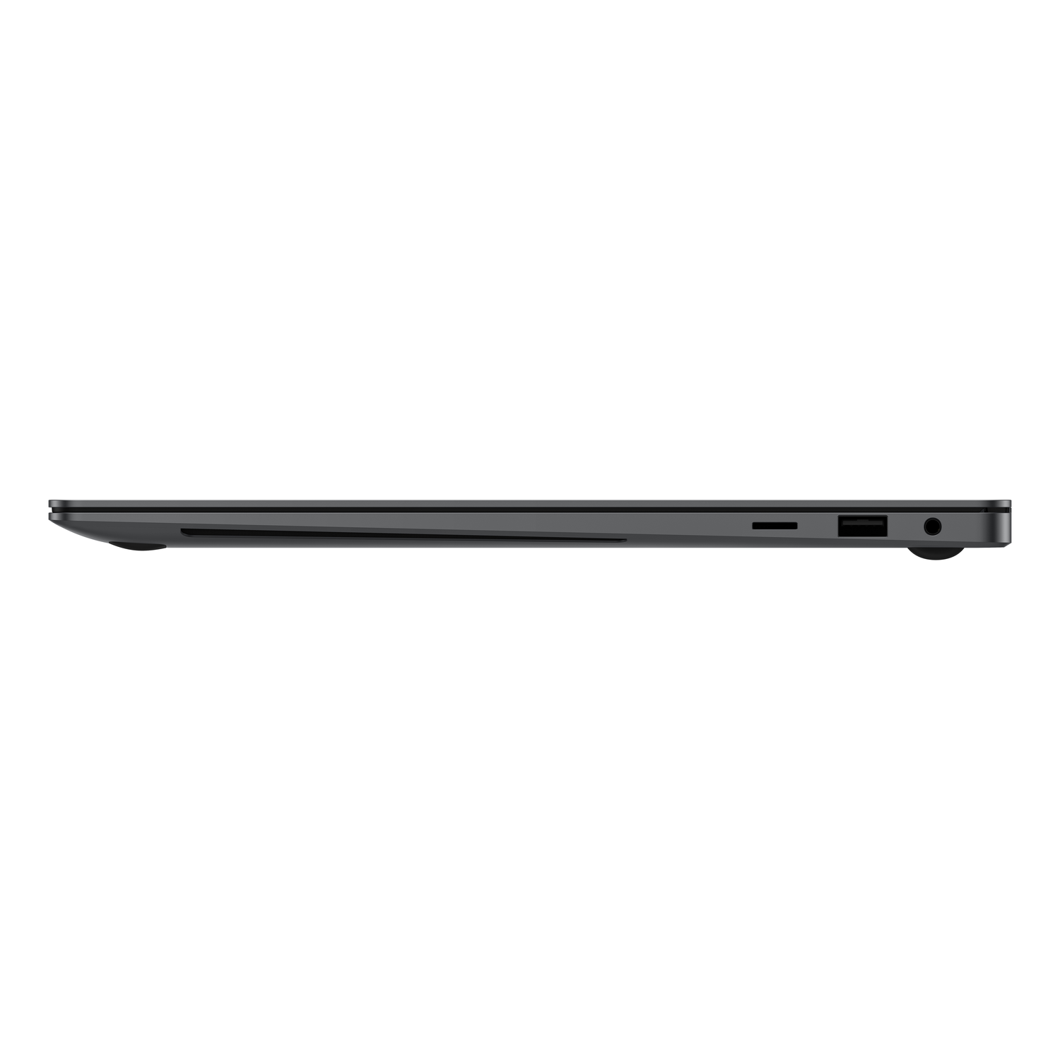 Side view of a dark gray laptop. Visible are ports for USB, audio, and an SD card slot. The laptop is closed and thin.