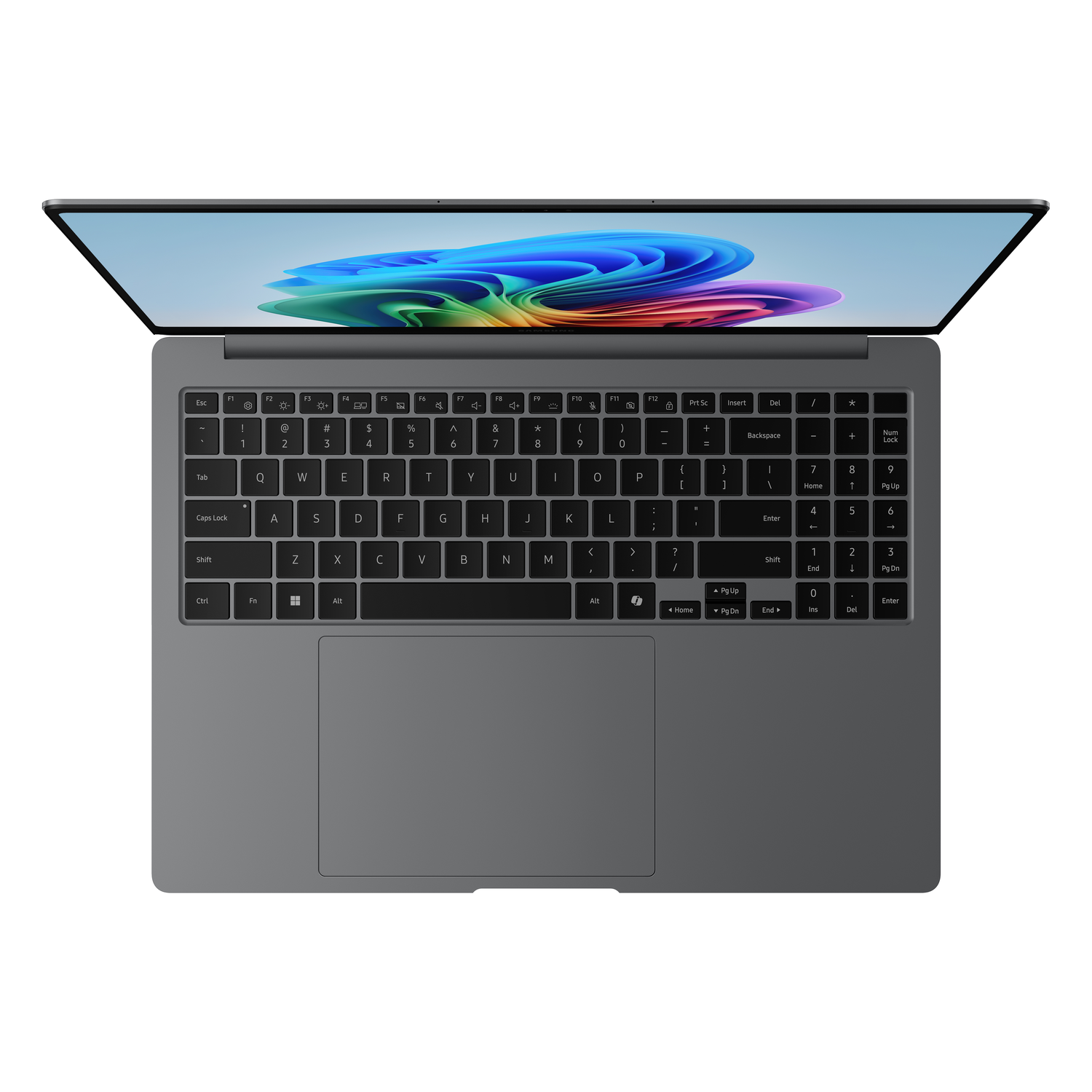 Top view of a gray laptop with a keyboard, touchpad, and screen displaying a colorful abstract image.
