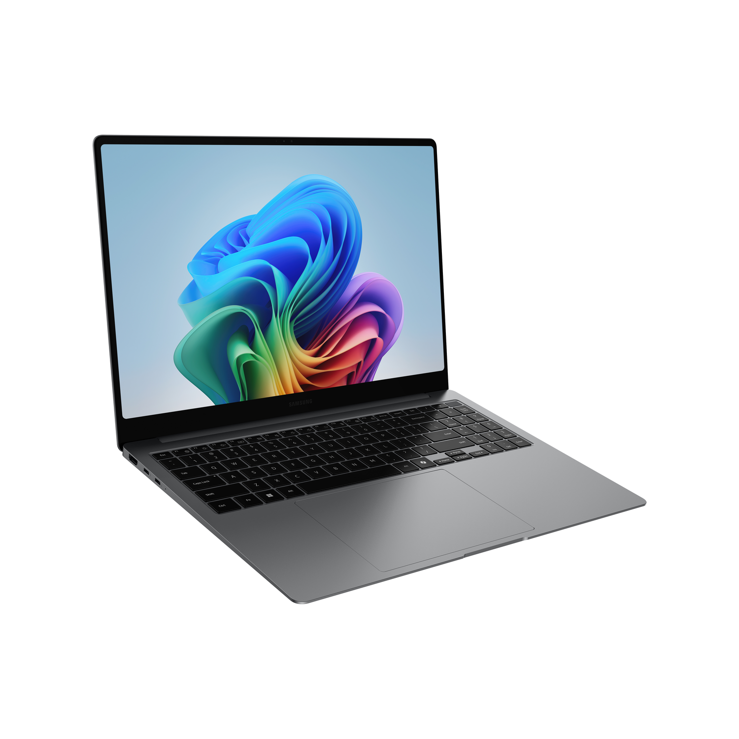 A silver laptop with a colorful abstract wallpaper. The screen is open. Keyboard and touchpad visible. White background.