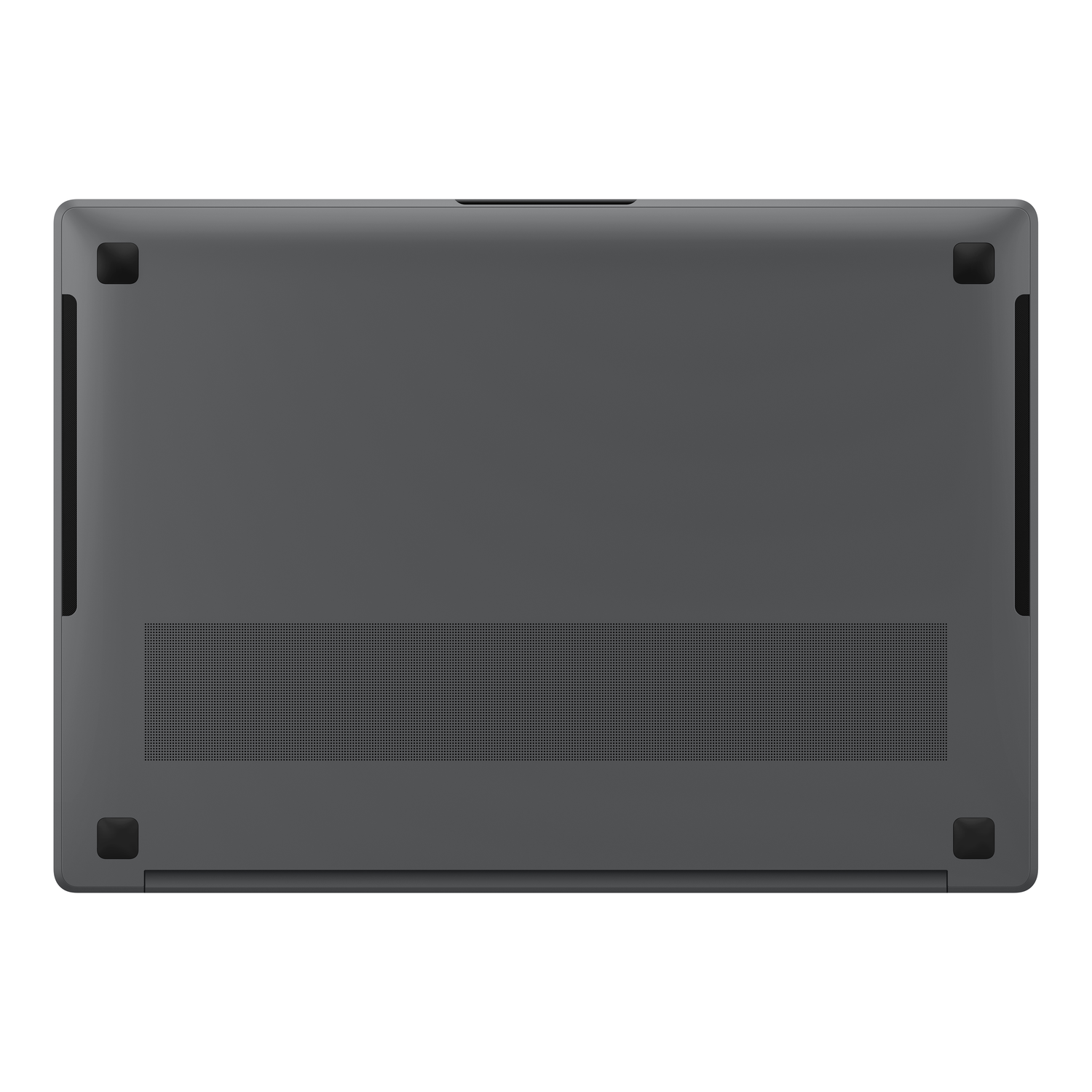 Bottom view of a gray laptop. Shows vents, rubber feet, and the overall shape. The surface is smooth and clean.