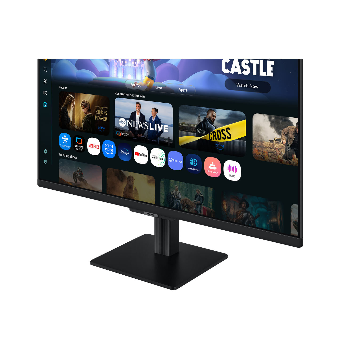Un moniteur affiche une interface de service de streaming. Affiche des vignettes de diverses émissions et applications comme Netflix, Prime Video et YouTube.