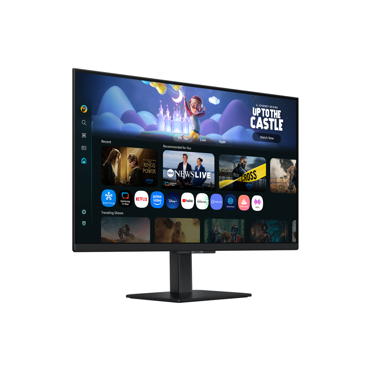 Un écran affiche une interface Smart TV. Les émissions incluent 'Rings of Power' et 'Up to the Castle'. Des icônes d'applications comme Netflix et YouTube sont présentes.