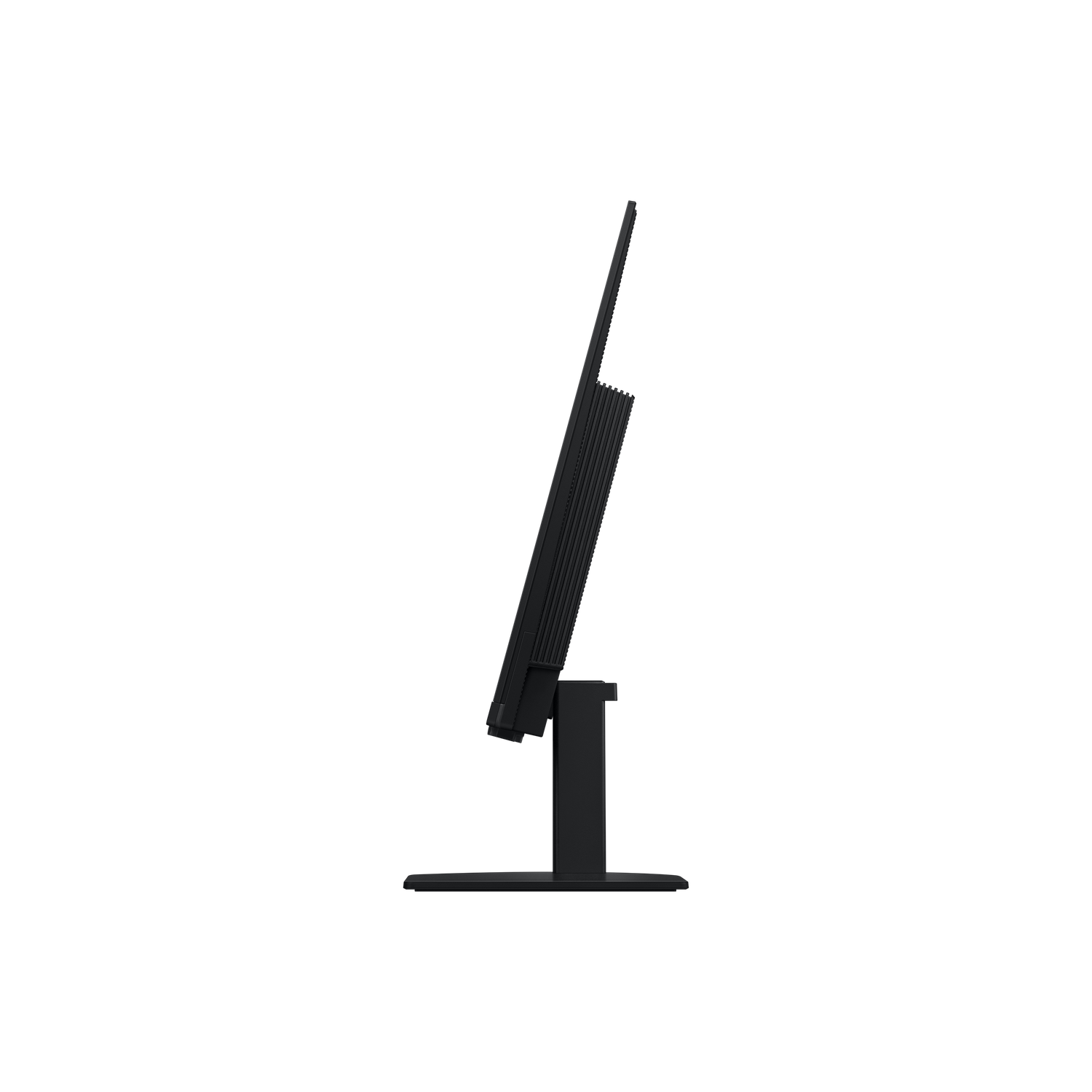 Vue latérale d'un écran d'ordinateur noir. L'écran est incliné. Le support est en forme de T simple. Fond noir.