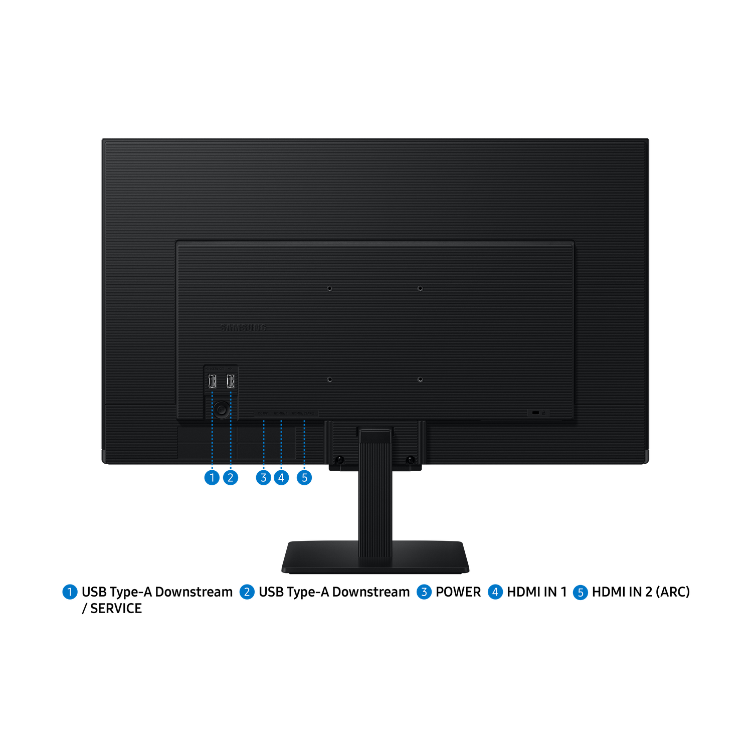 Vue arrière d'un moniteur Samsung noir. Comprend des ports pour l'alimentation, HDMI et d'autres connexions. Le moniteur repose sur un pied noir.