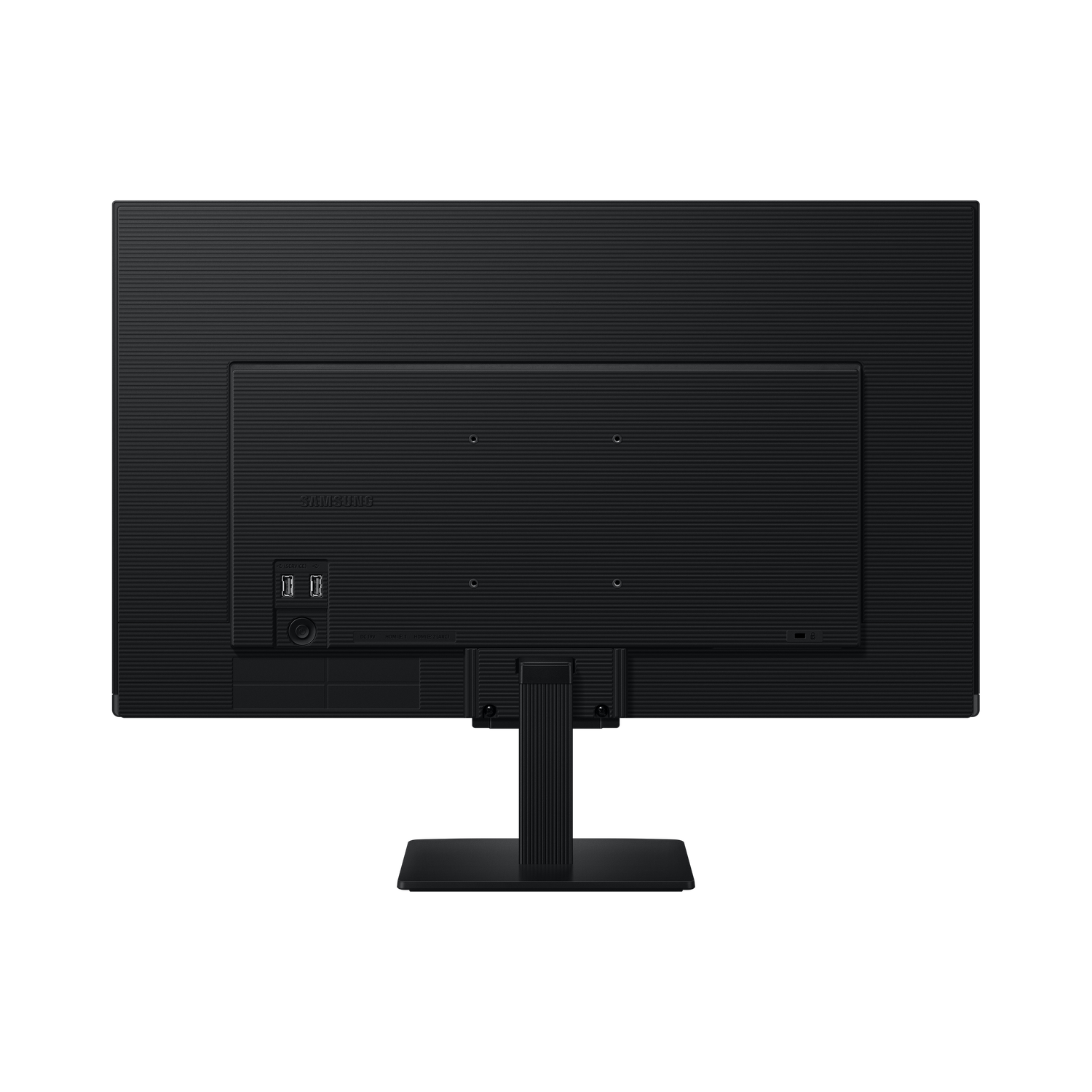 Vue arrière d'un moniteur Samsung noir. Il dispose d'un pied, de ports et d'un panneau arrière texturé. Le logo Samsung est visible.
