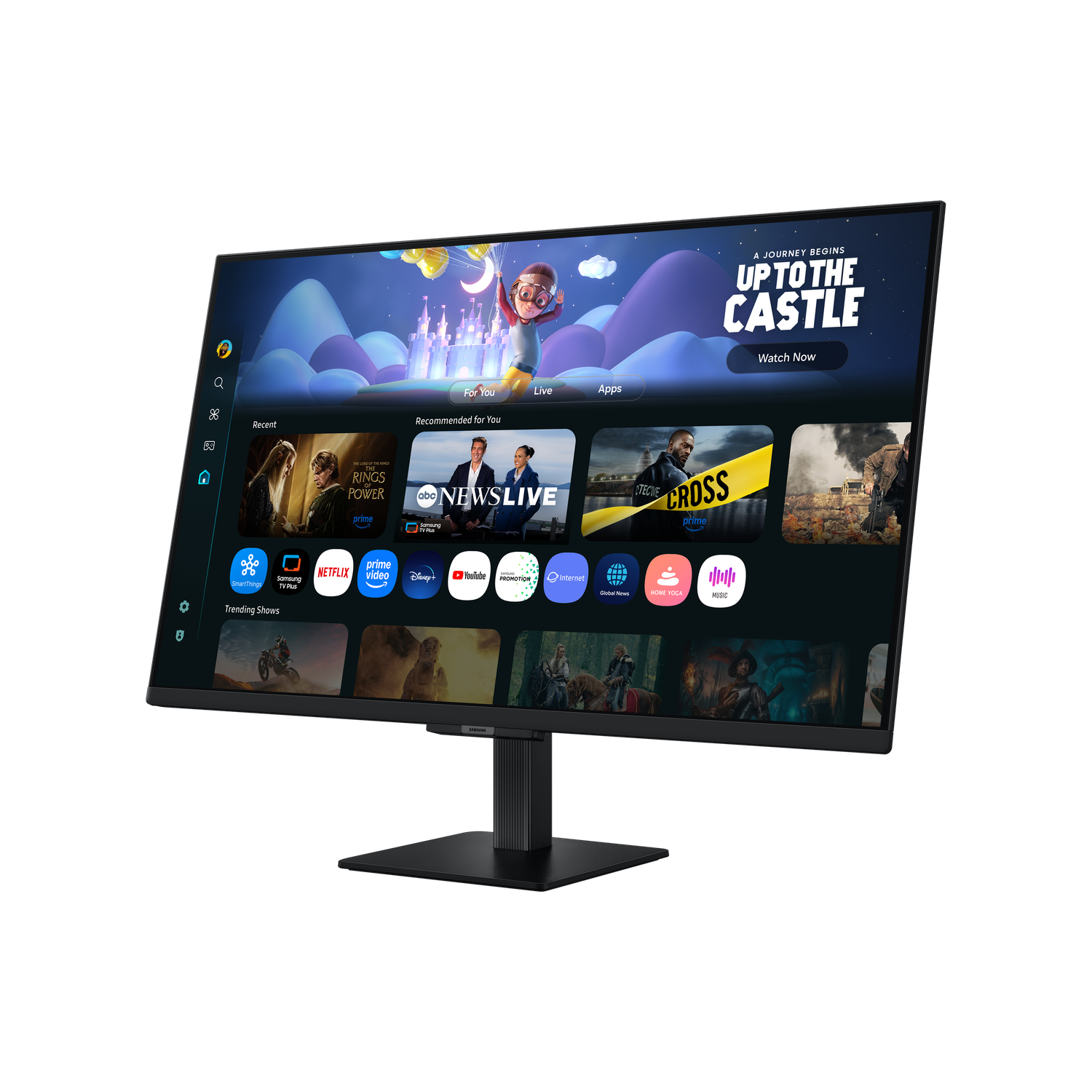 A black monitor displays a streaming service interface, featuring app icons and show thumbnails. The screen shows a castle illustration.