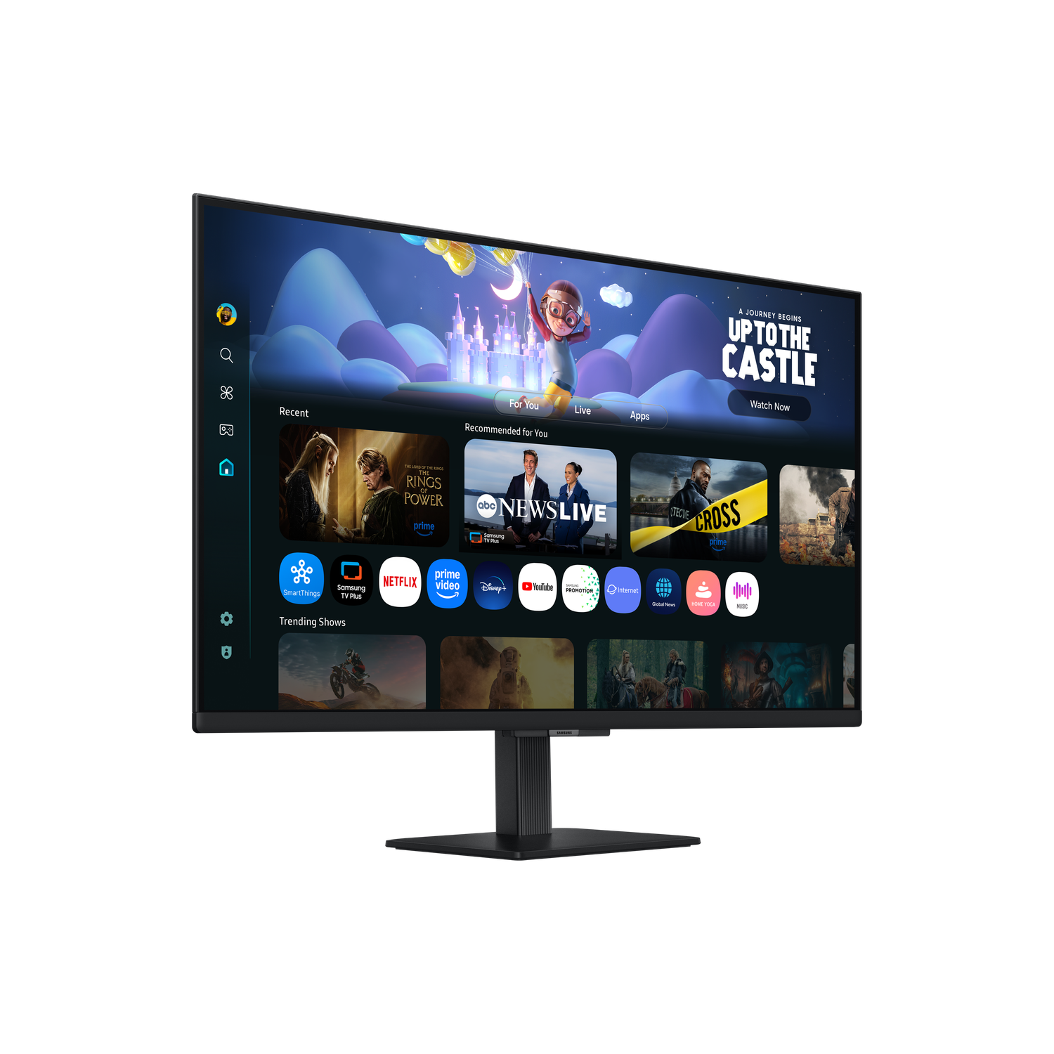 A monitor displays an interface with app icons, trending shows, and a cartoon scene of a boy flying towards a castle.