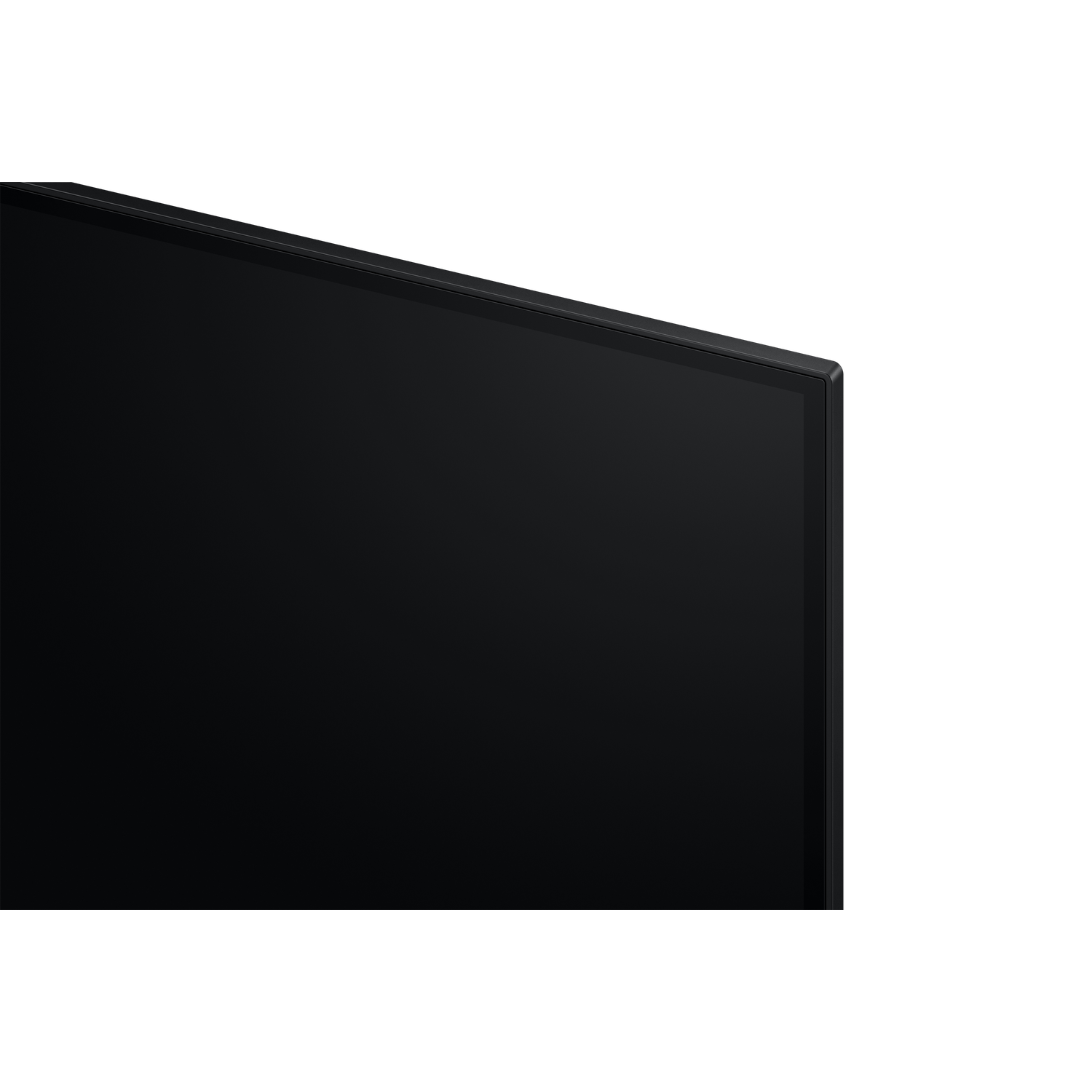 Close-up of a black, flat-screen TV. The screen is black, the frame is dark. The background is black, the bottom is white.