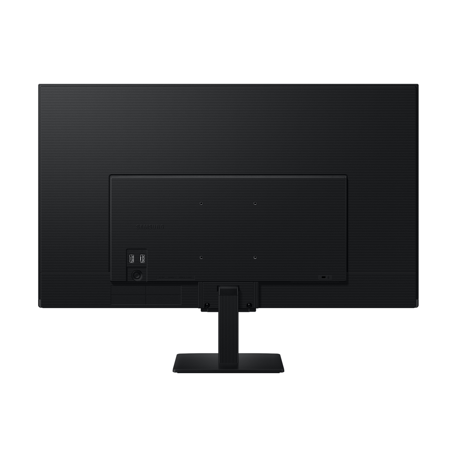 Black computer monitor back with stand. Has Samsung logo and various ports.
