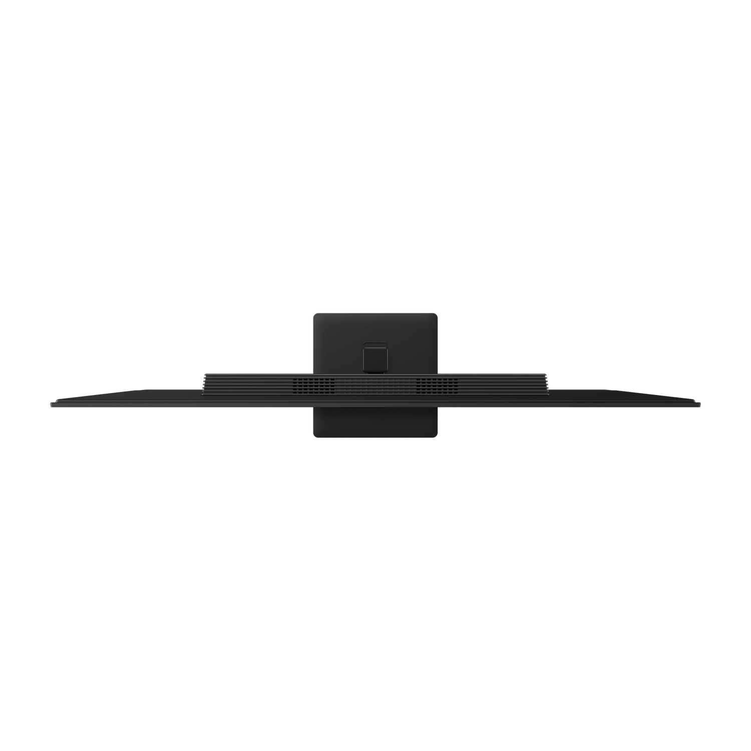 Top-down view of a black computer monitor. The monitor is rectangular and sits on a black stand against a black background.