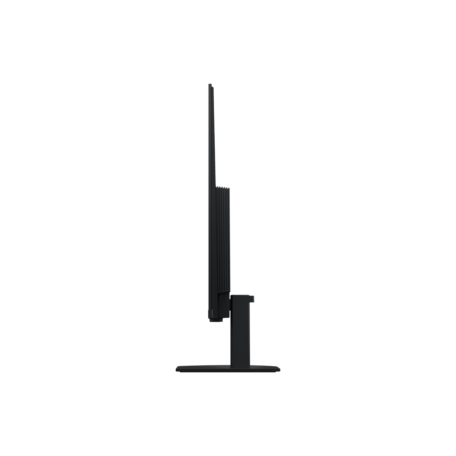 Side view of a black computer monitor on a black stand, against a black background. The screen is thin and rectangular.