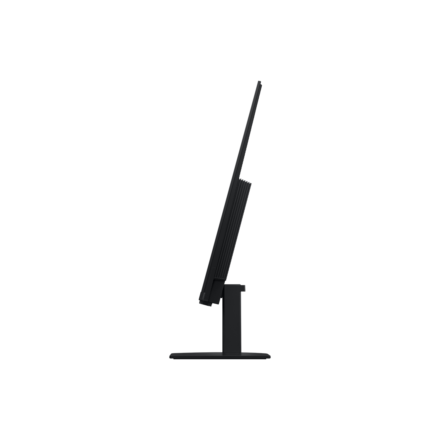 A black computer monitor is seen from the side. It stands on a black stand against a black background.