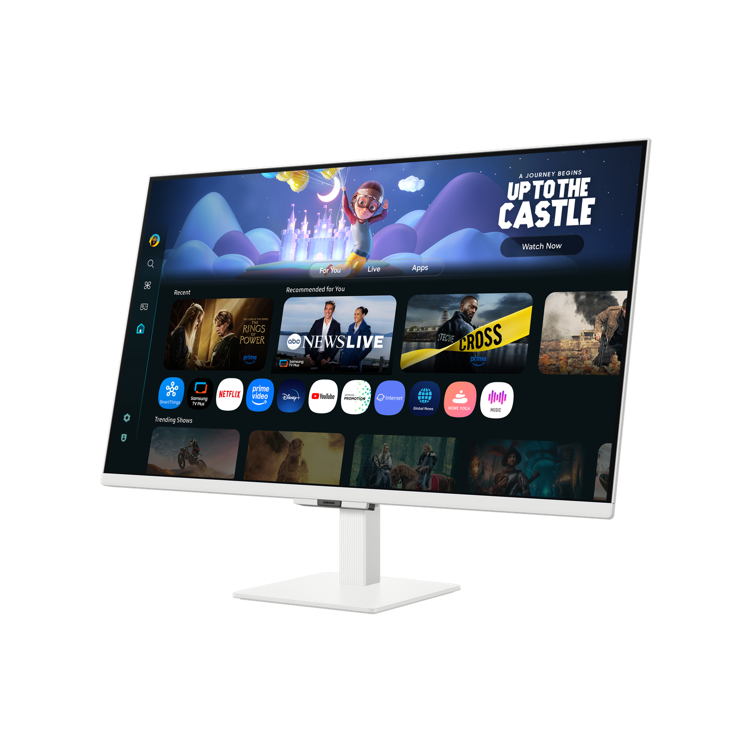 A white monitor displays a smart TV interface. Shows include streaming apps, news, and movies. The screen is supported by a white stand.
