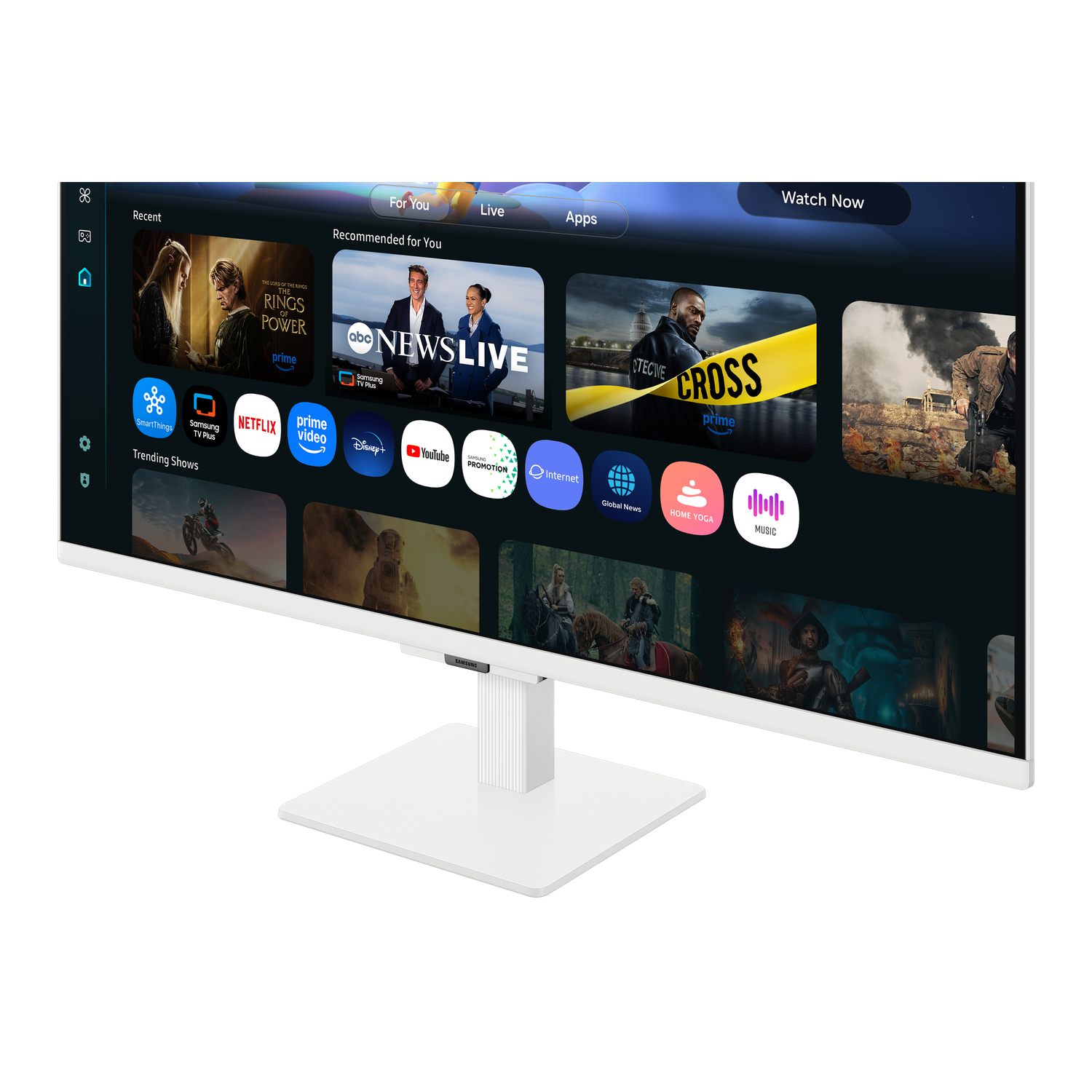 A white Samsung monitor displays a streaming service interface. The screen shows app icons and thumbnails for shows like 'The Rings of Power'.