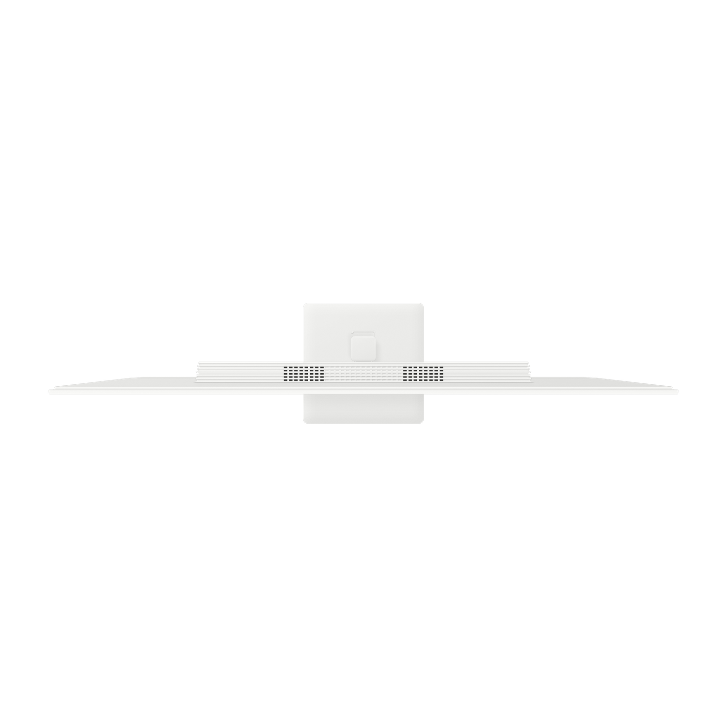 Top view of a white computer monitor with a square base and a thin screen against a black background.