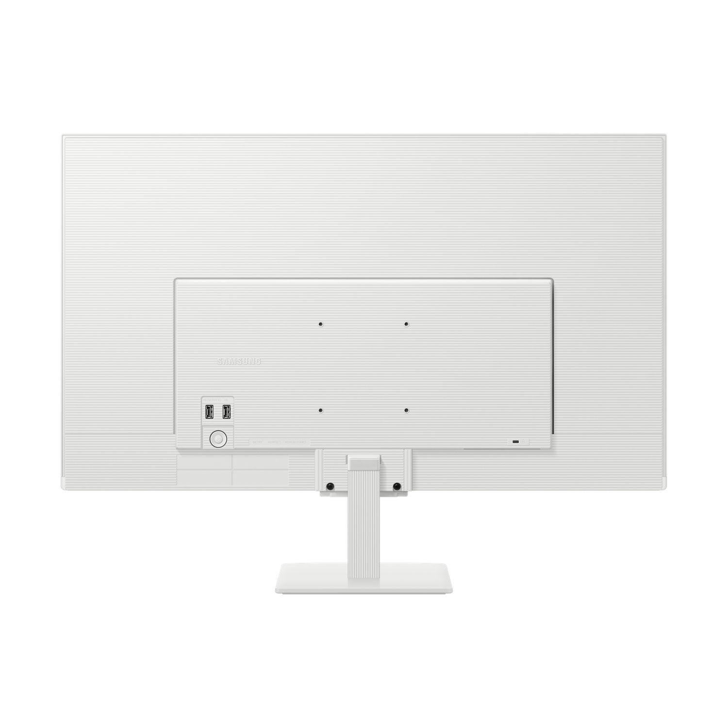 Rear view of a white Samsung monitor. Features a stand, ports, and a textured surface on a black background.