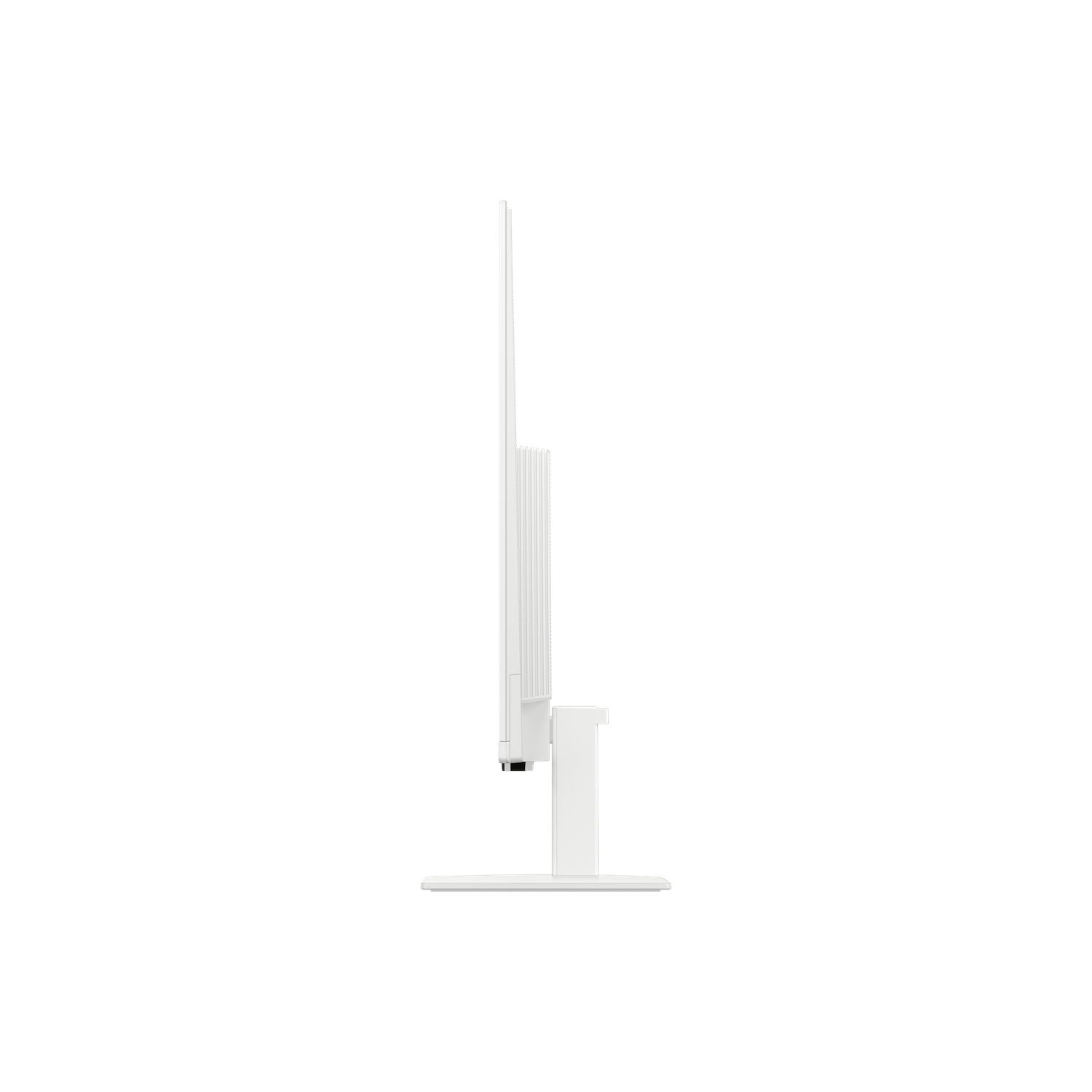A side view of a white computer monitor. The monitor is on a white stand, with a black background.