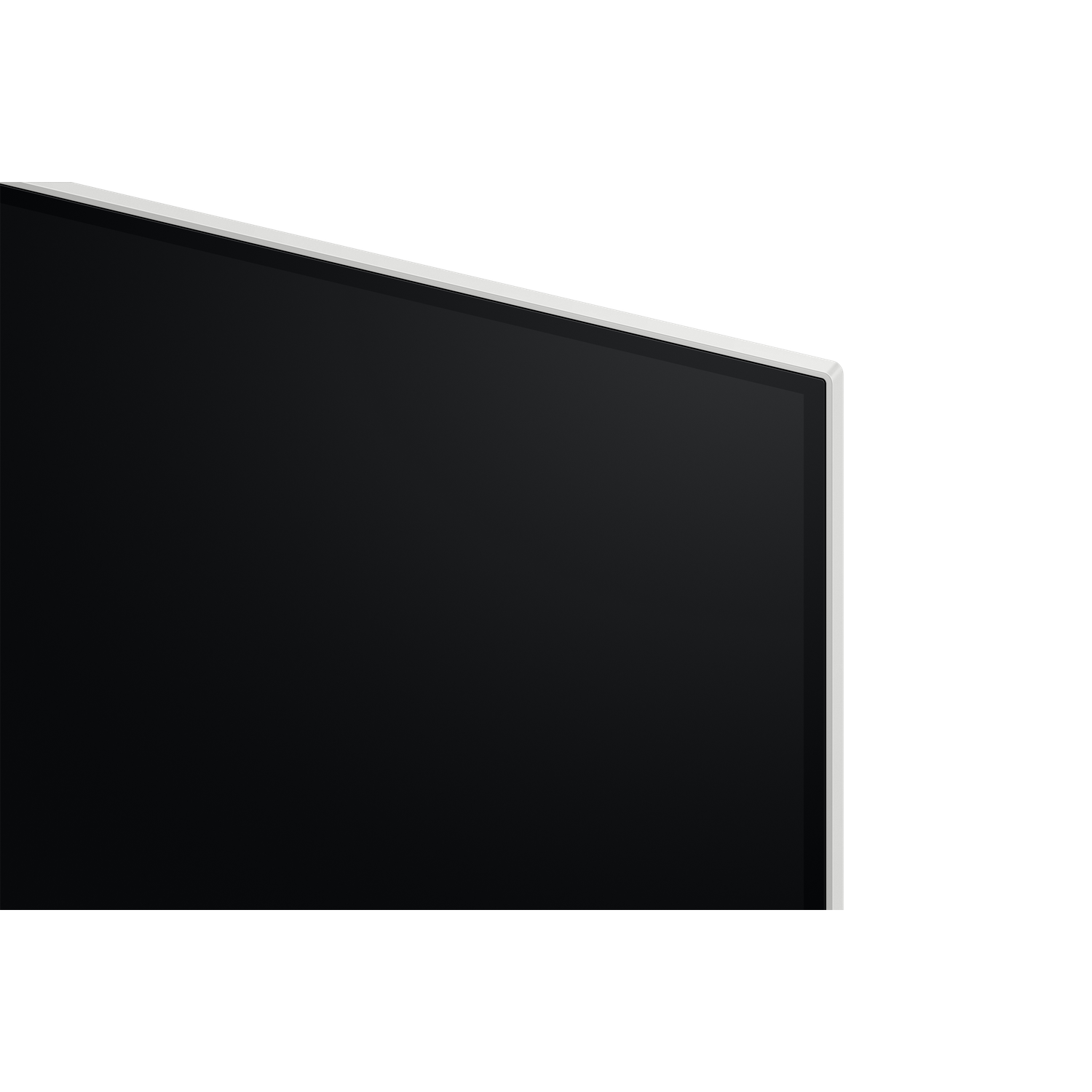 Close-up of a black screen TV with a white border against a black background. The TV screen is slightly angled.