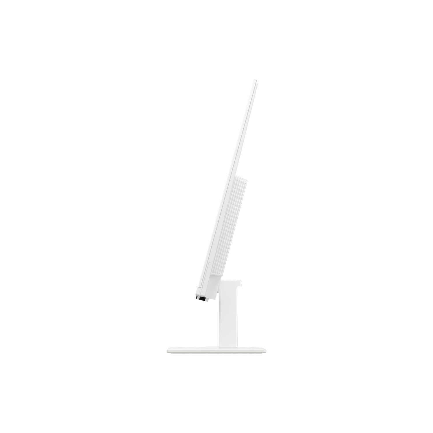 A white computer monitor, viewed from the side, stands against a black background. The monitor is slightly tilted.