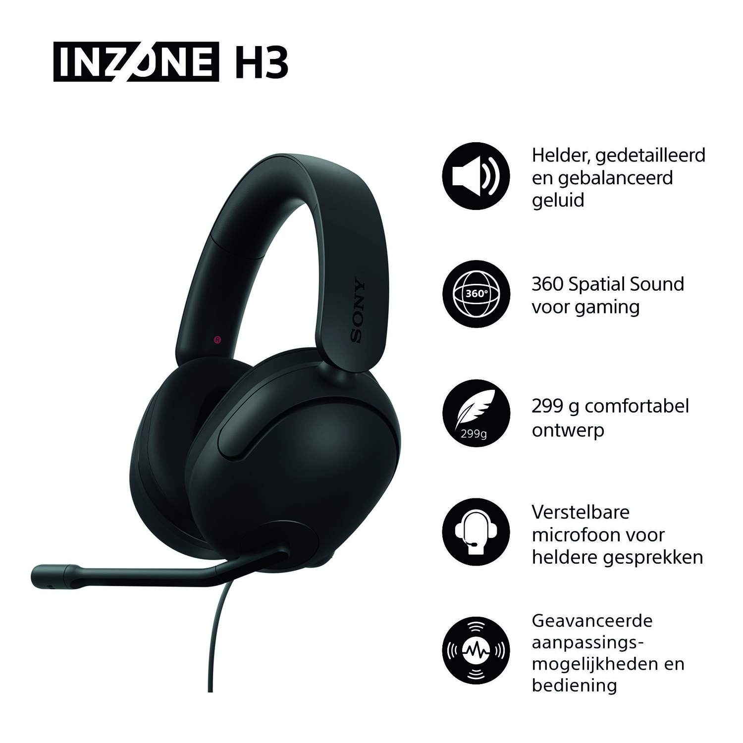Black INZONE H3 gaming headset. Features include 360 spatial sound, adjustable microphone, and advanced customization options.
