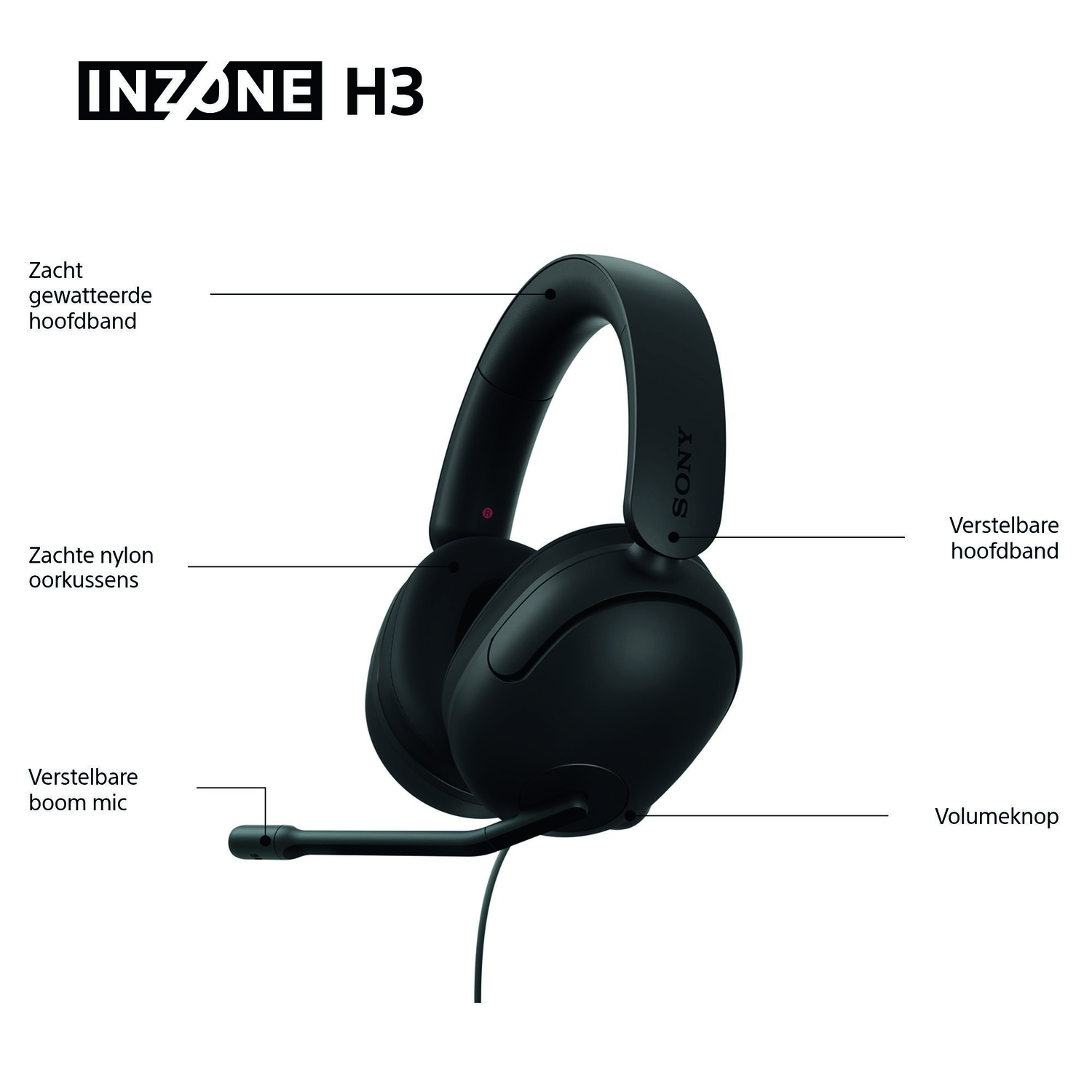 Black Sony INZONE H3 headset. Features include adjustable headband, soft ear cushions, boom mic, and volume control.
