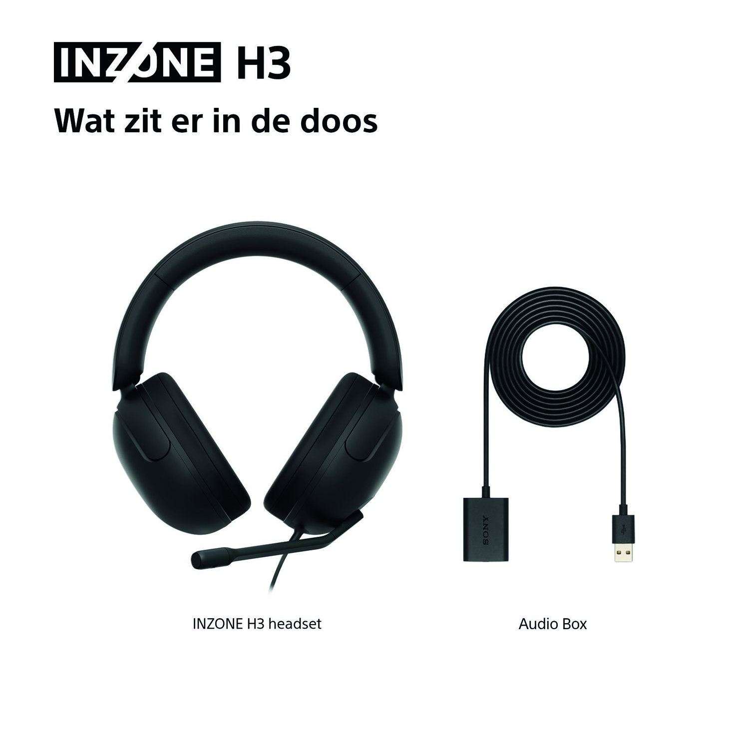 Black INZONE H3 headset and audio box. The headset is on the left and the audio box is on the right. Both items are black.