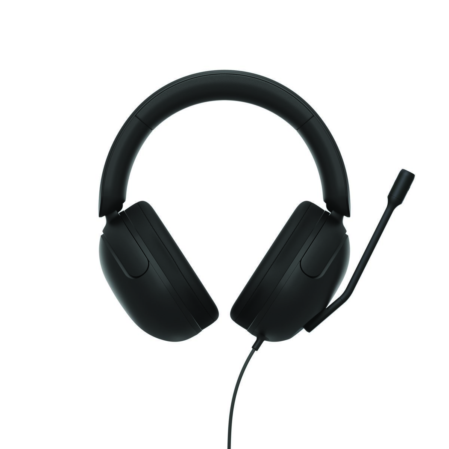Black over-ear headset with a microphone. The headset has a padded headband and earcups. A wire extends from the left earcup.