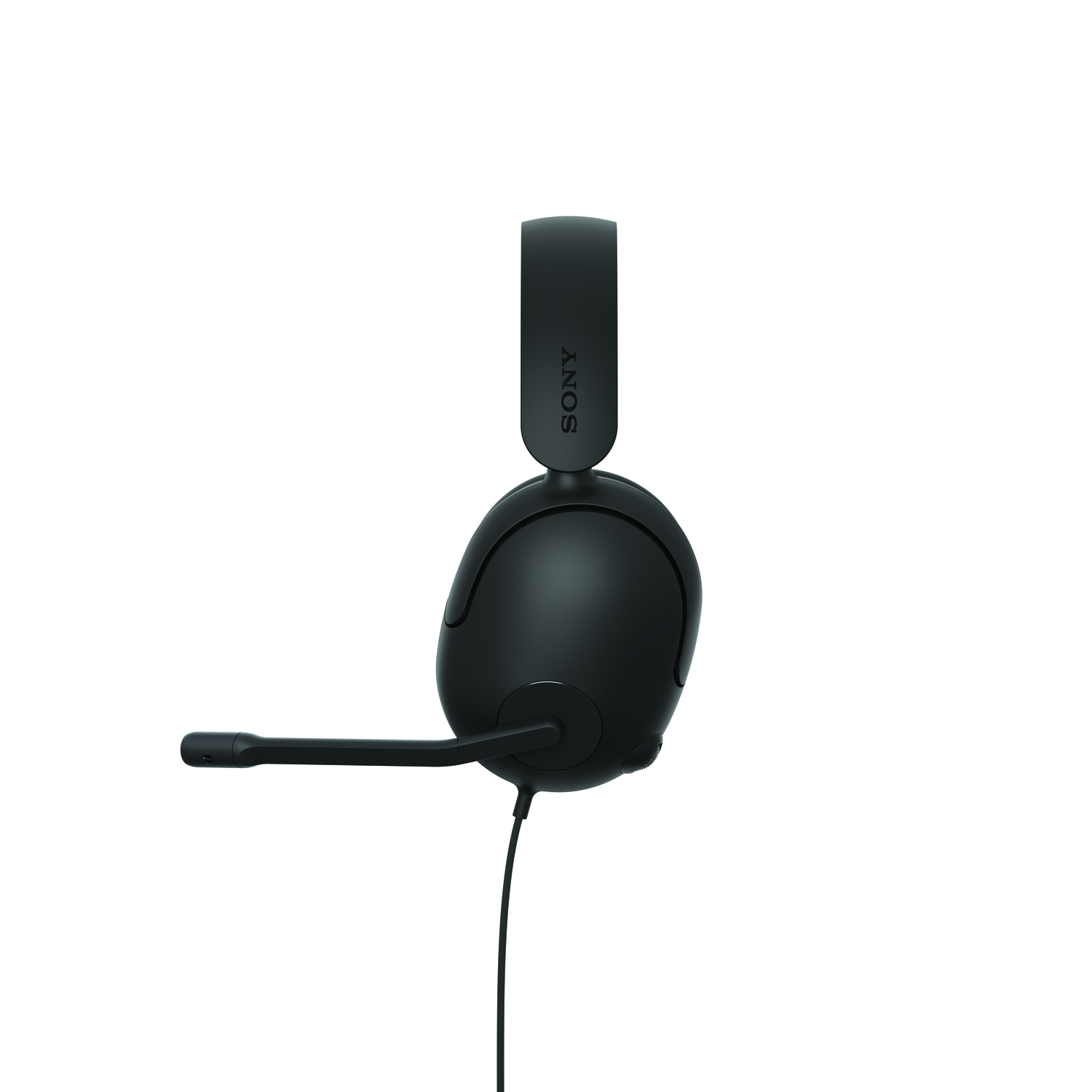 Black Sony headset with microphone. Headband has Sony logo. The headset and mic are black, with a black cable.