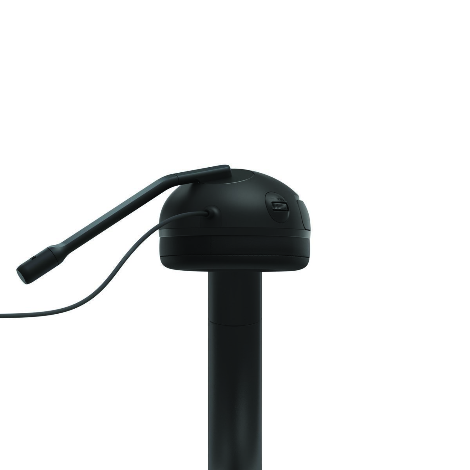 A black microphone on a stand, with a round head and a long arm pointing left. The background is plain white.