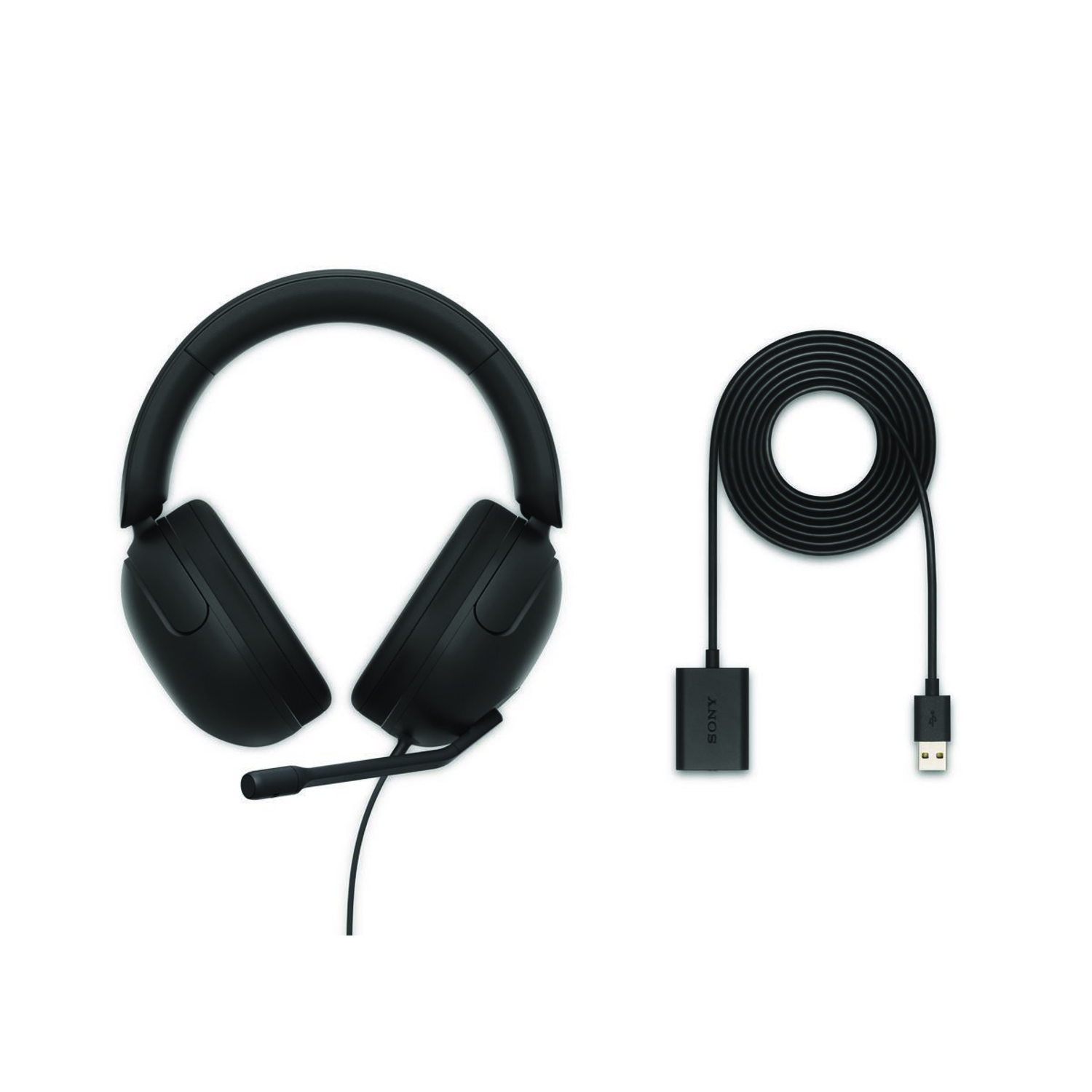 Black Sony gaming headset with attached mic, next to a coiled black cable with a USB connector and branded adapter.