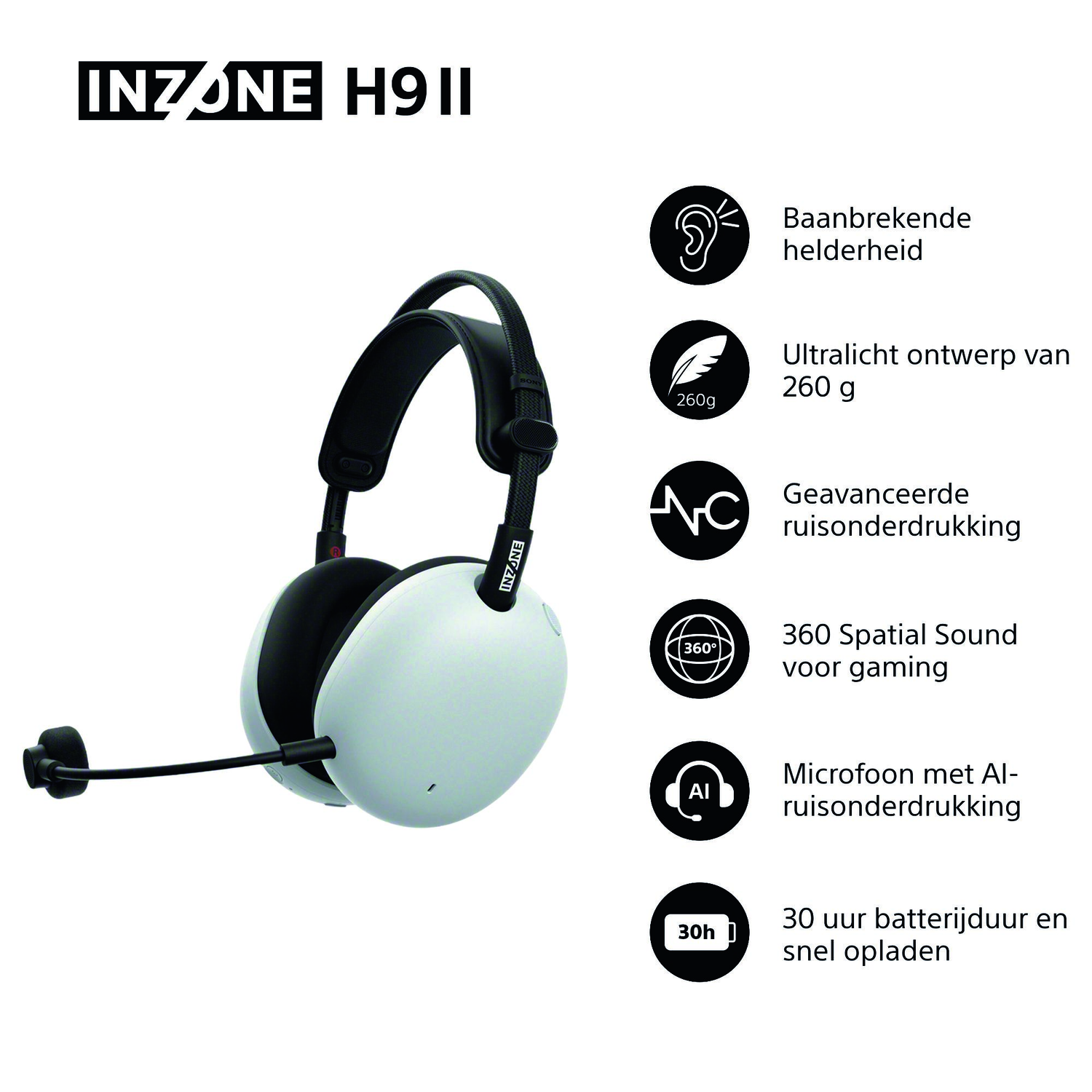 White and black INZONE H9II headphones with a microphone, next to icons describing features like 360° sound and AI noise reduction.
