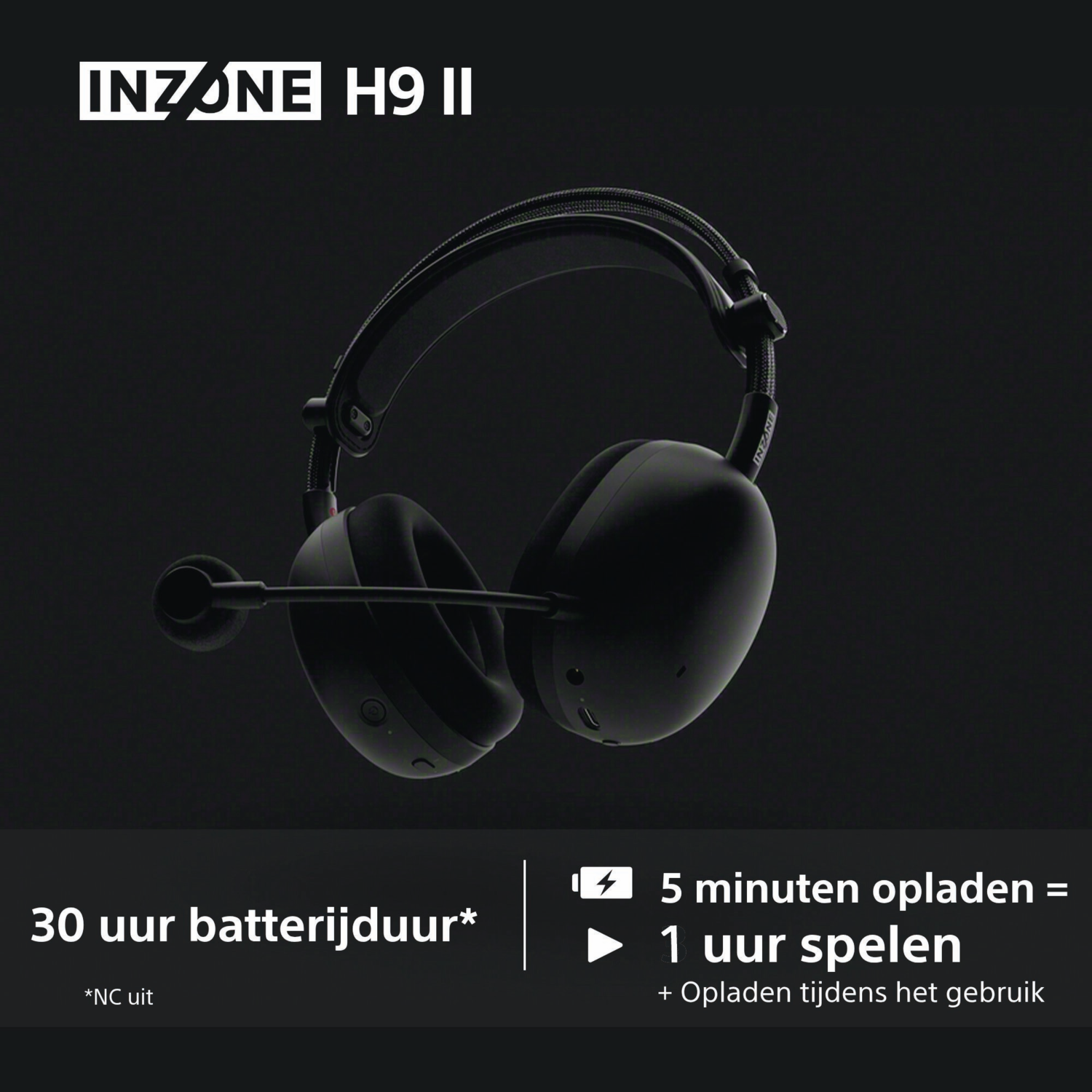 Black INZONE H9 II headphones with a microphone. Text below states 30-hour battery life and fast charging. Dark background.