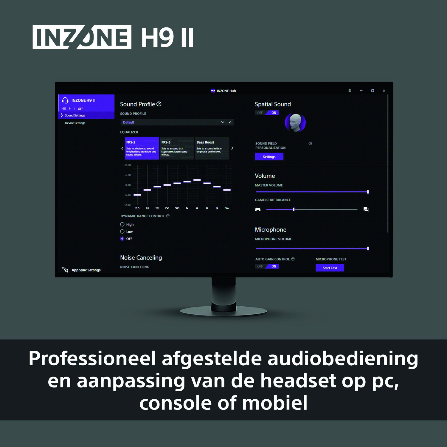 A computer monitor displays the INZONE H9 II sound settings. The screen shows options for equalizer, spatial sound and volume.