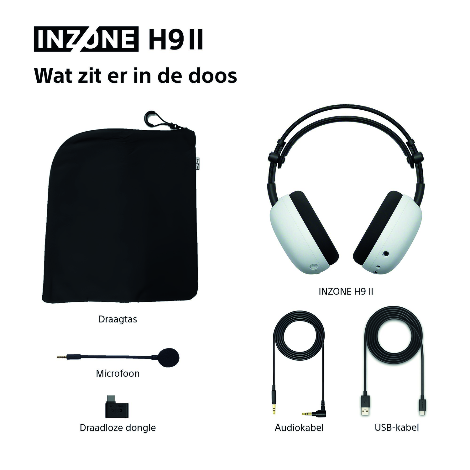 Image shows components of Inzone H9 II headphones: headphones, carrying case, microphone, wireless dongle, audio and USB cables.