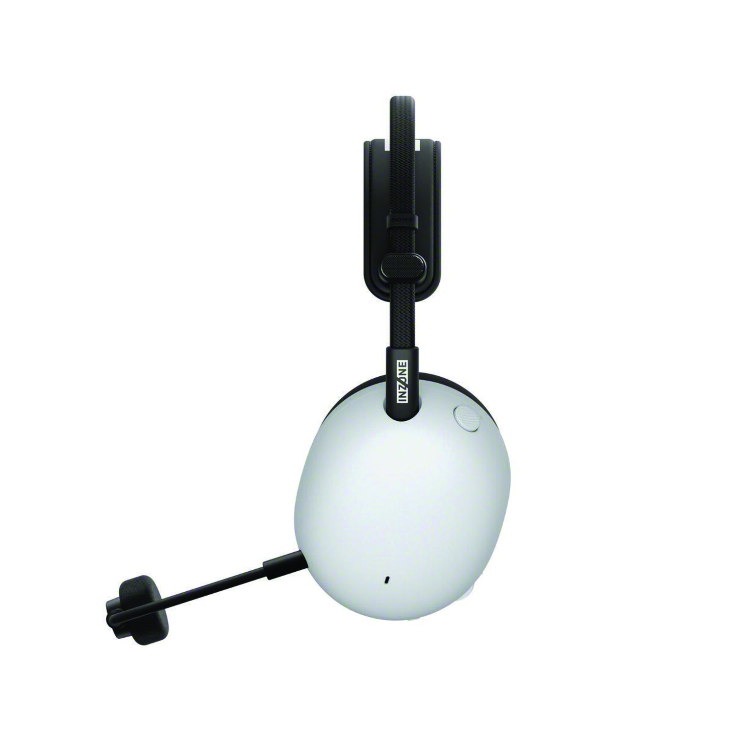 A white and black INZONE headset is displayed against a white background. It has a microphone and black headband.
