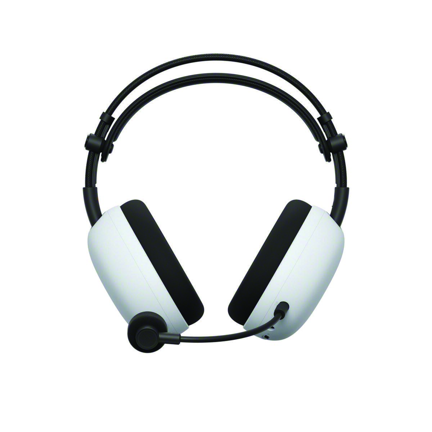 White and black headset. Two earcups, a microphone, and a headband. The earcups are white with black padding. Black microphone.