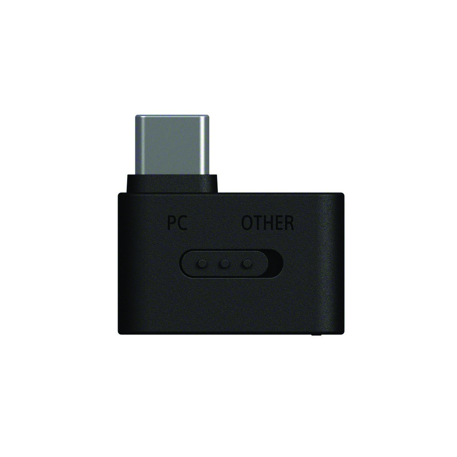Black USB-C adapter. It has a silver port and a body with 'PC' and 'OTHER' labels. A button with three dots is present.
