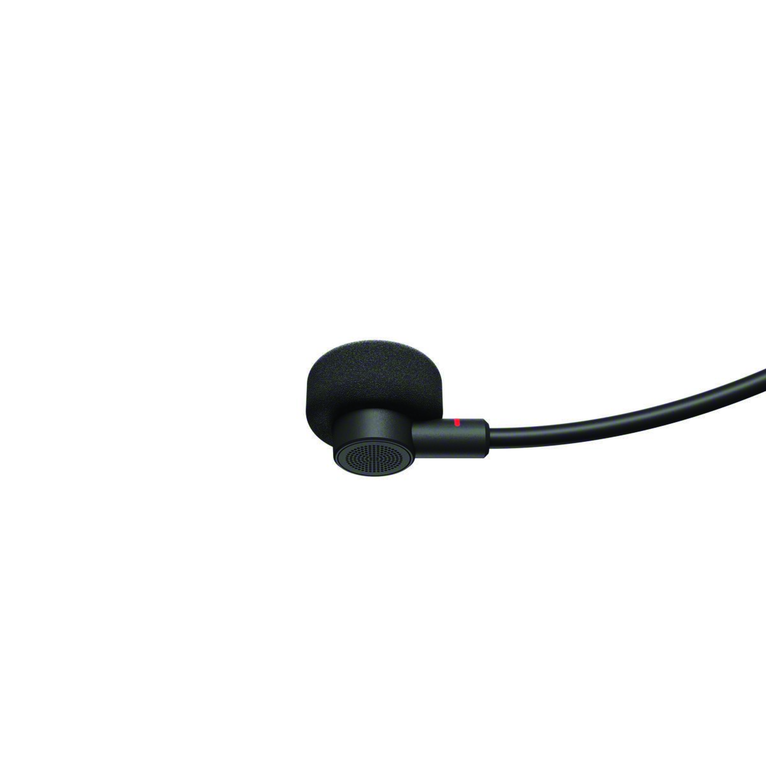 A black microphone with a foam windscreen is attached to a flexible arm. The background is plain white.
