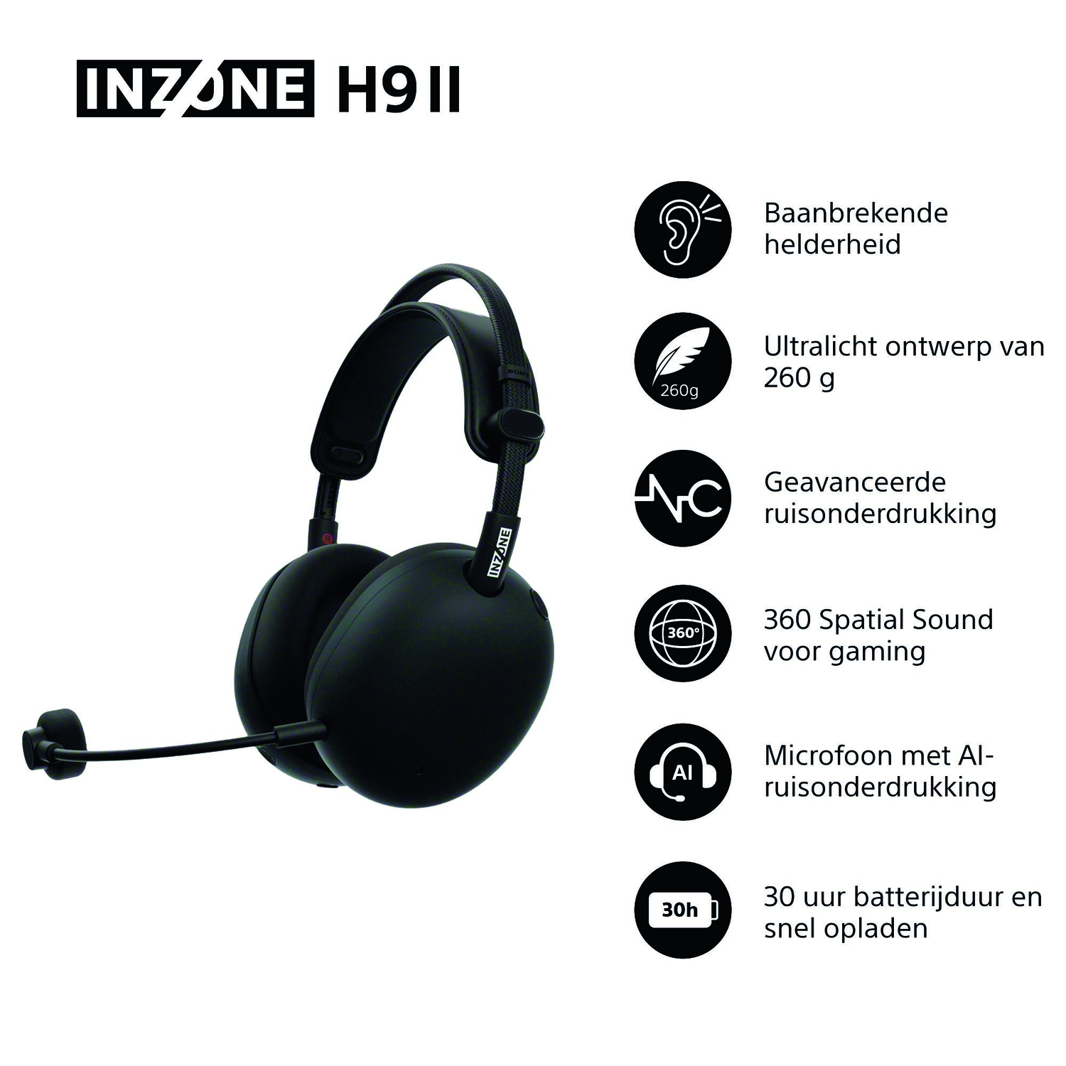 Black INZONE H9II headphones with a microphone. Features include noise cancellation, spatial sound, and long battery life. The image is on white background.