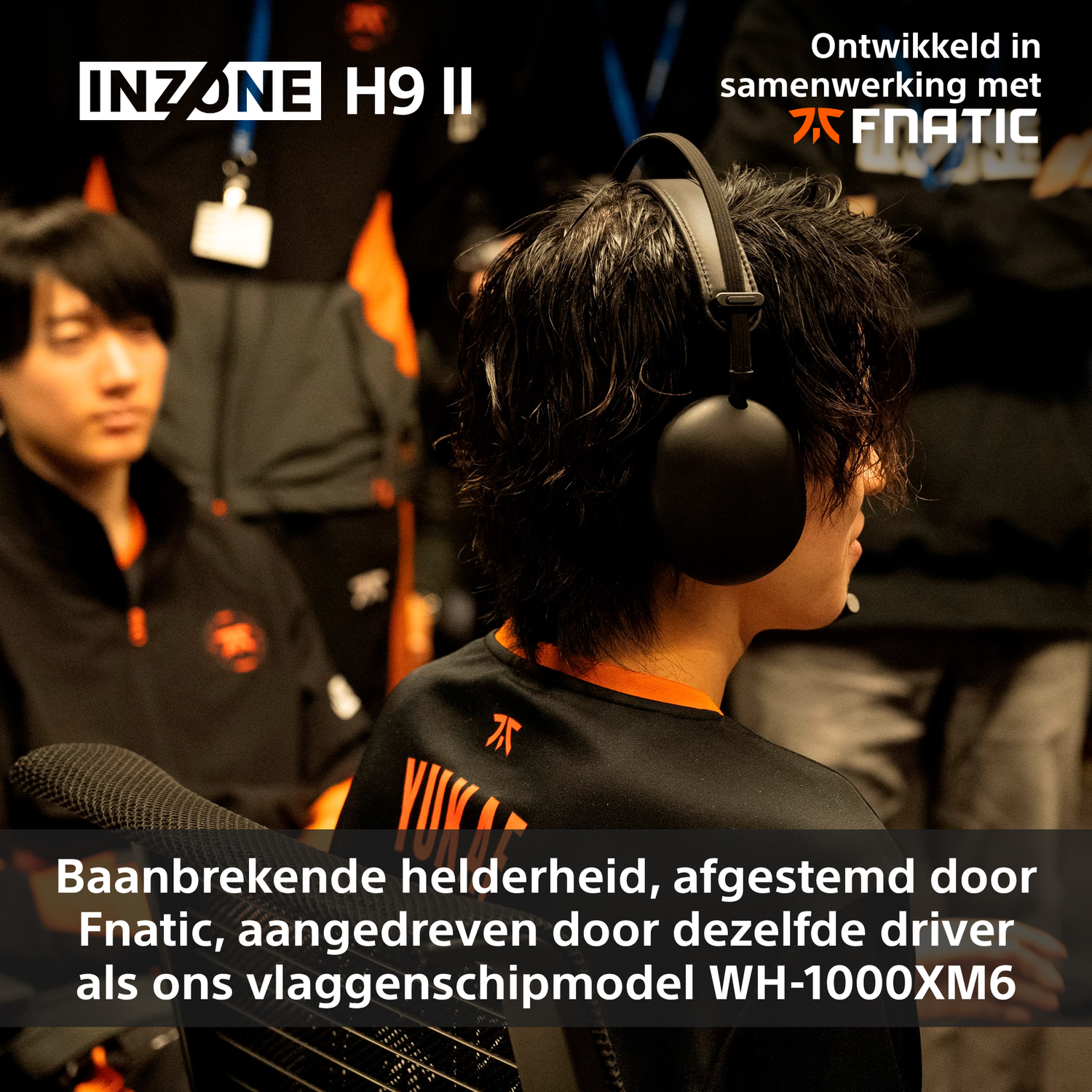A person wearing headphones sits in front of a microphone. The text says 'INZONE H9 II' and 'Fnatic'.