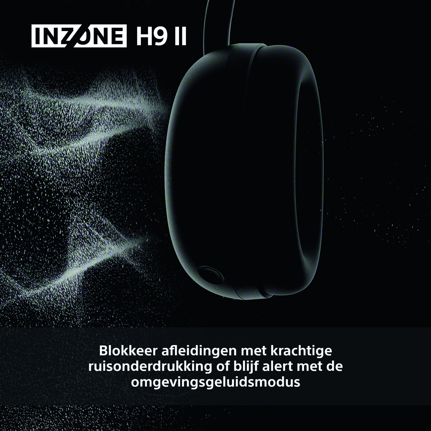 Black headphones with INZONE H9 II text. The background is dark with white particles and text at the bottom.