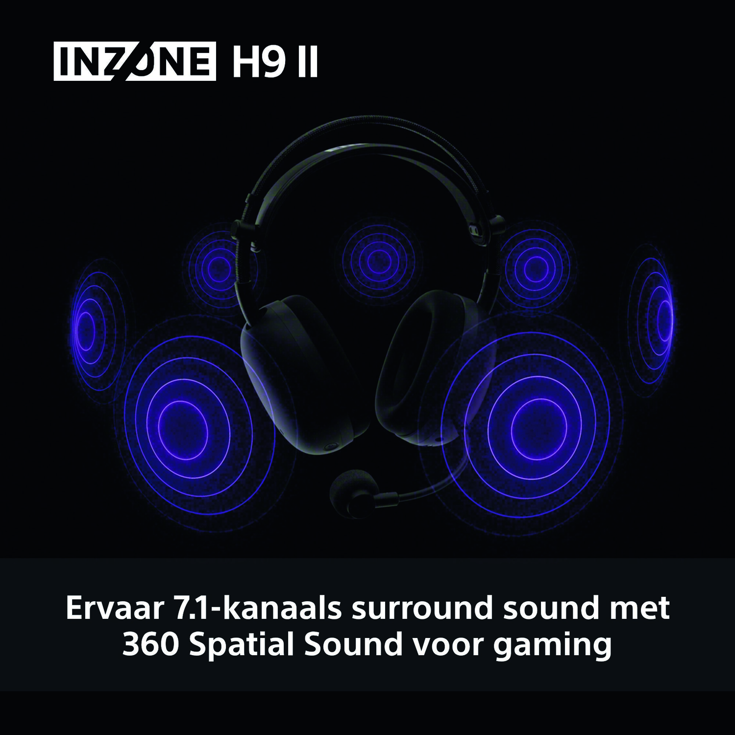 Black headphones with blue sound wave graphics. Text reads: INZONE H9 II, and Ervaar 7.1-kanaals surround sound met 360 Spatial Sound voor gaming.