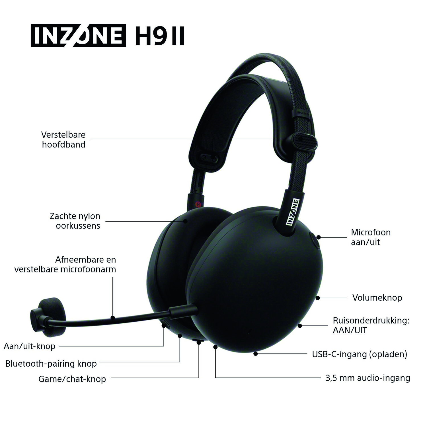Black INZONE H911 headphones. Features include adjustable headband, mic, volume control, noise cancellation, and USB-C input.
