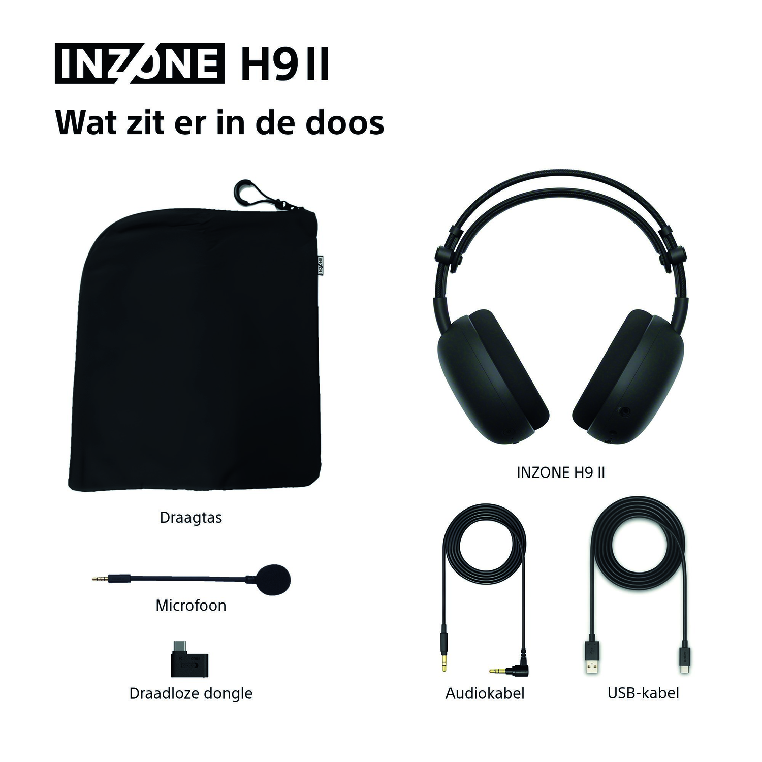 Image shows black headphones, carry case, microphone, wireless dongle, audio cable, and USB cable, with text 'INZONE H9 II'.