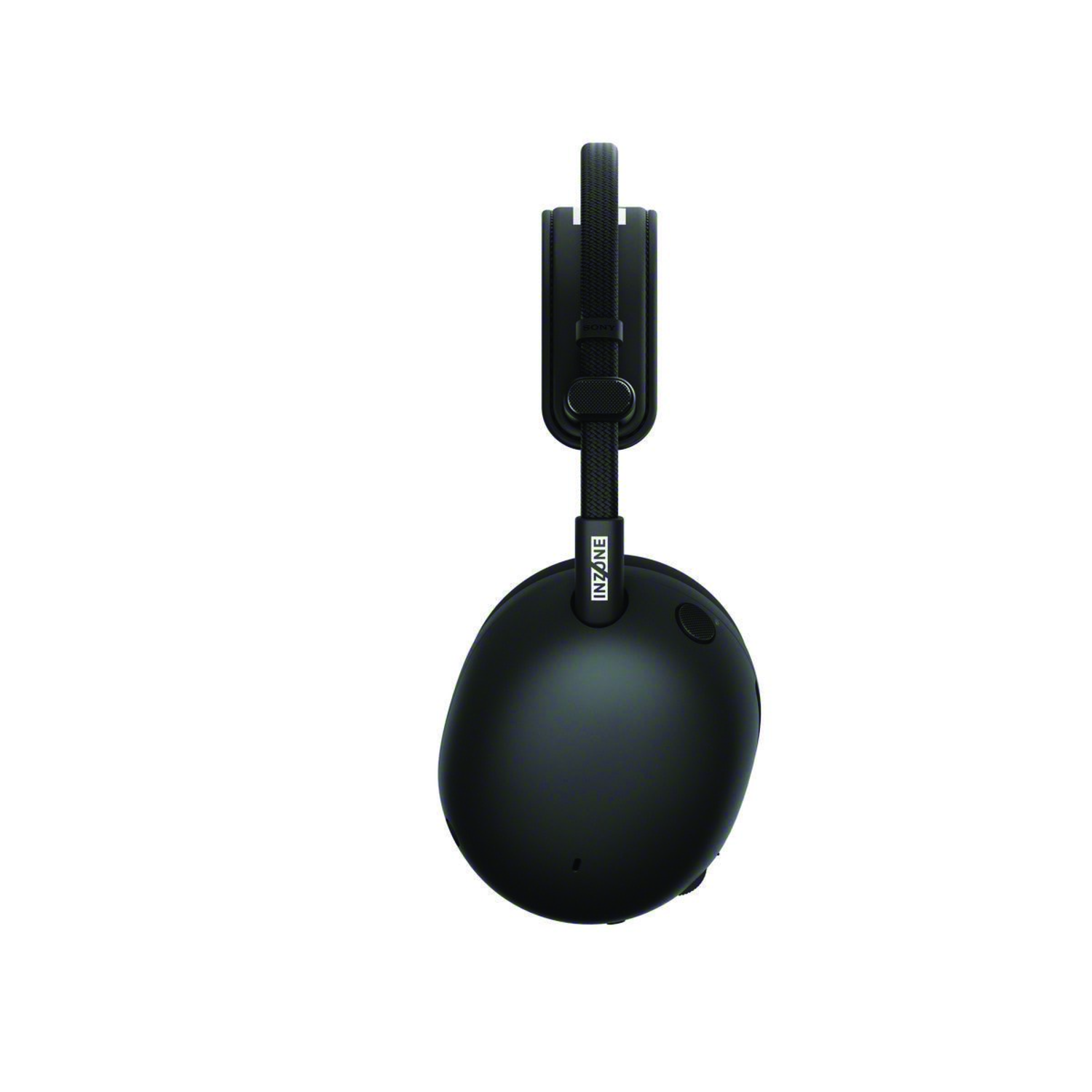 Black INZONE headphones hanging on a black holder. The headphones are on a white background.