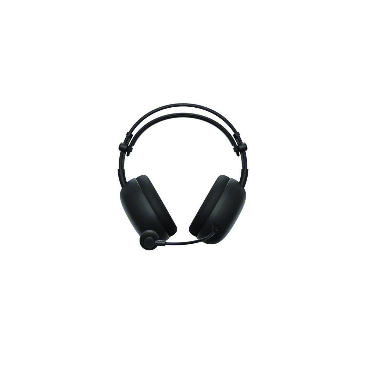 Black headset with a microphone. The headset has a circular design with earcups on both sides connected by a headband.