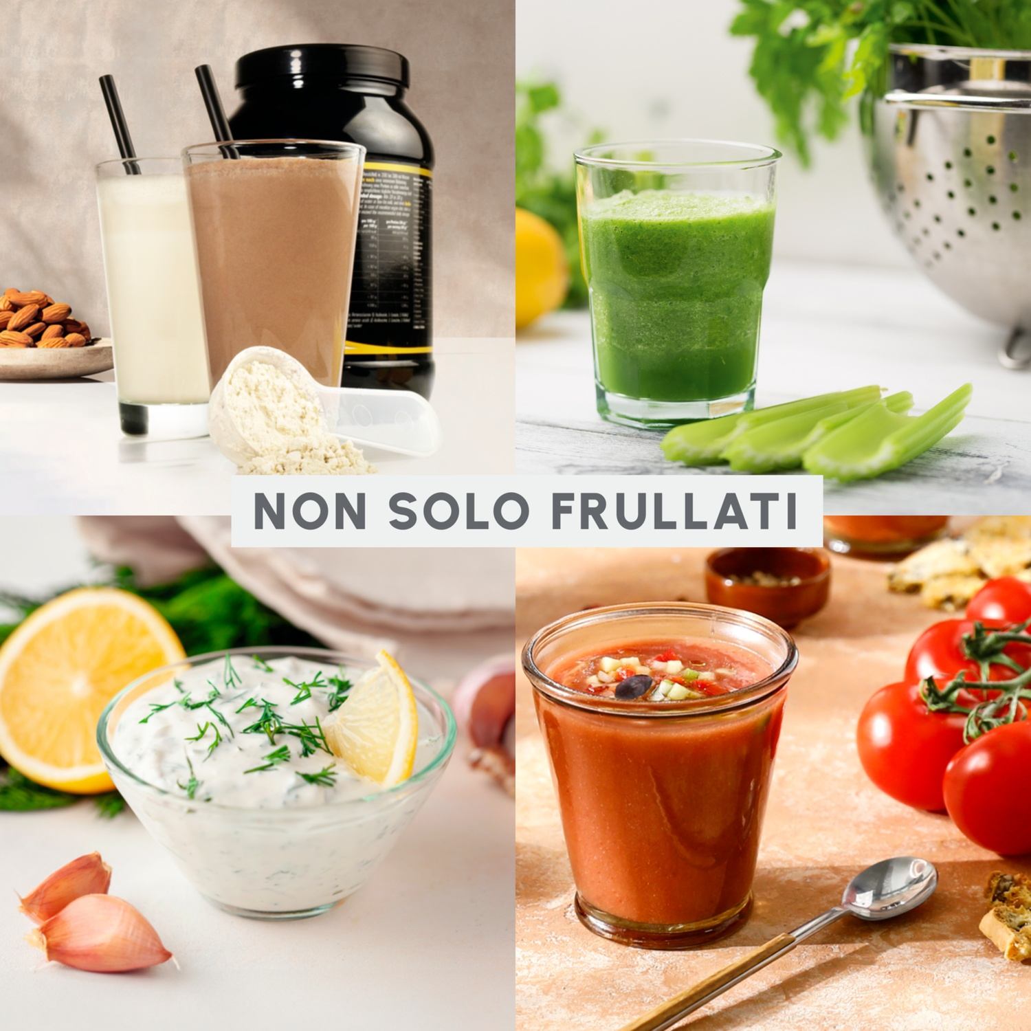 L'immagine mostra vari cibi e bevande sani: frullati proteici, frullato verde, yogurt con limone e gazpacho.