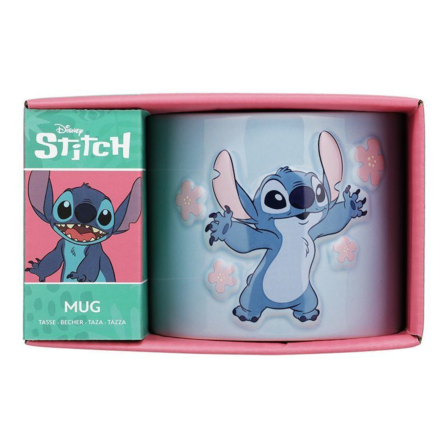 Stitch mug in a pink box. The mug has Stitch on it, and the box has a Stitch design and the word 'Mug'.